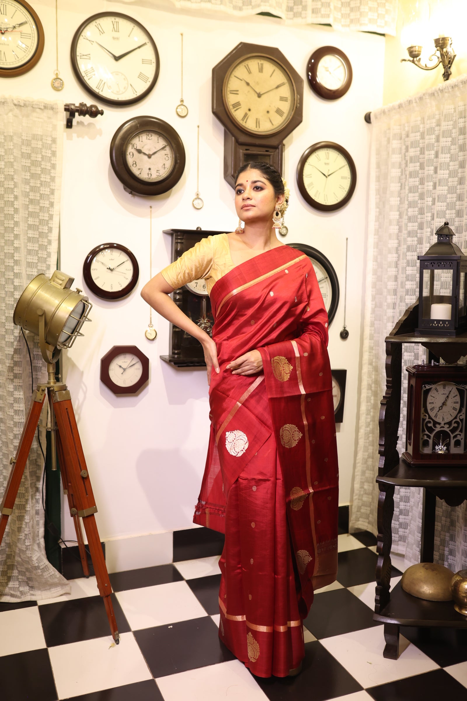 Ranjika || Maroon Pure Katan Handloom Banarasi Saree with all over 'Sona-Rupa' Kadhua Buti and Floral Motif border