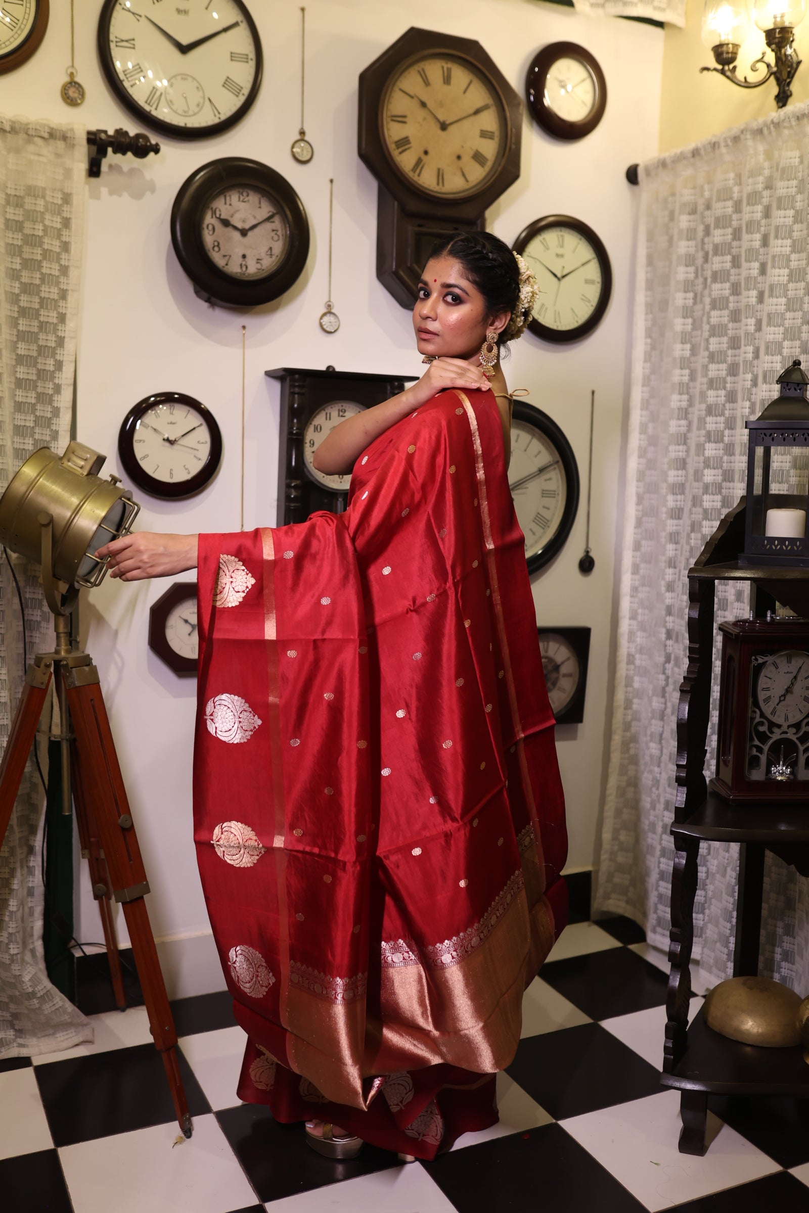 Ranjika || Maroon Pure Katan Handloom Banarasi Saree with all over 'Sona-Rupa' Kadhua Buti and Floral Motif border