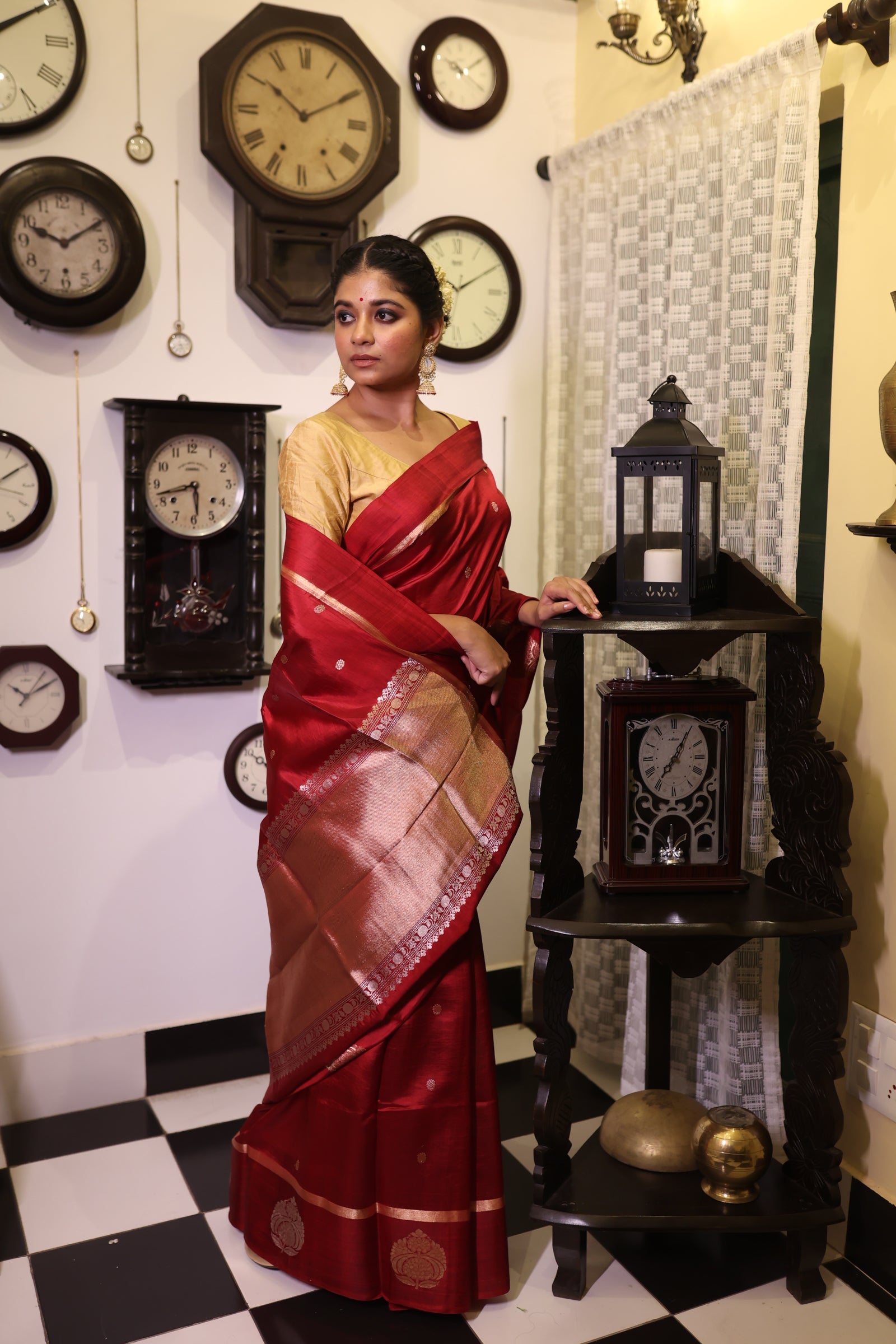 Ranjika || Maroon Pure Katan Handloom Banarasi Saree with all over 'Sona-Rupa' Kadhua Buti and Floral Motif border
