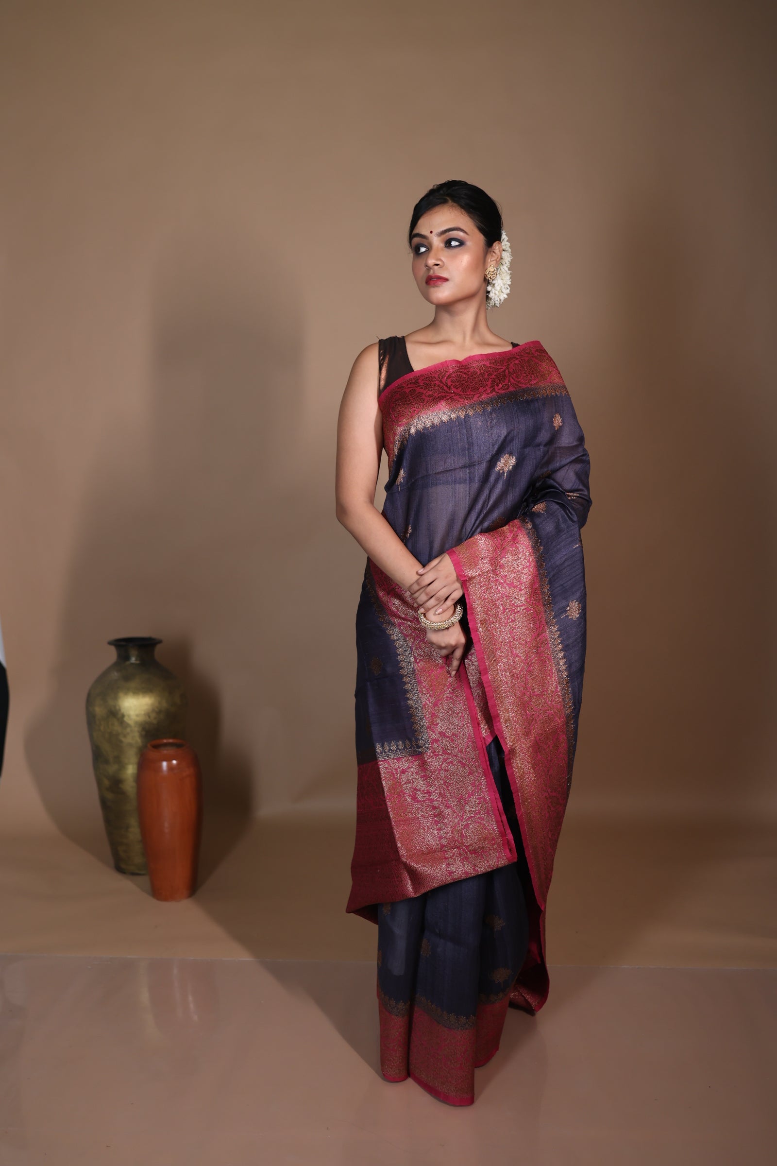 Ishani || Gunmetal Grey Pure Tussar Handloom Banarasi Saree with Kadhiyal lock Antique Zari Buta and Beetroot Pink border