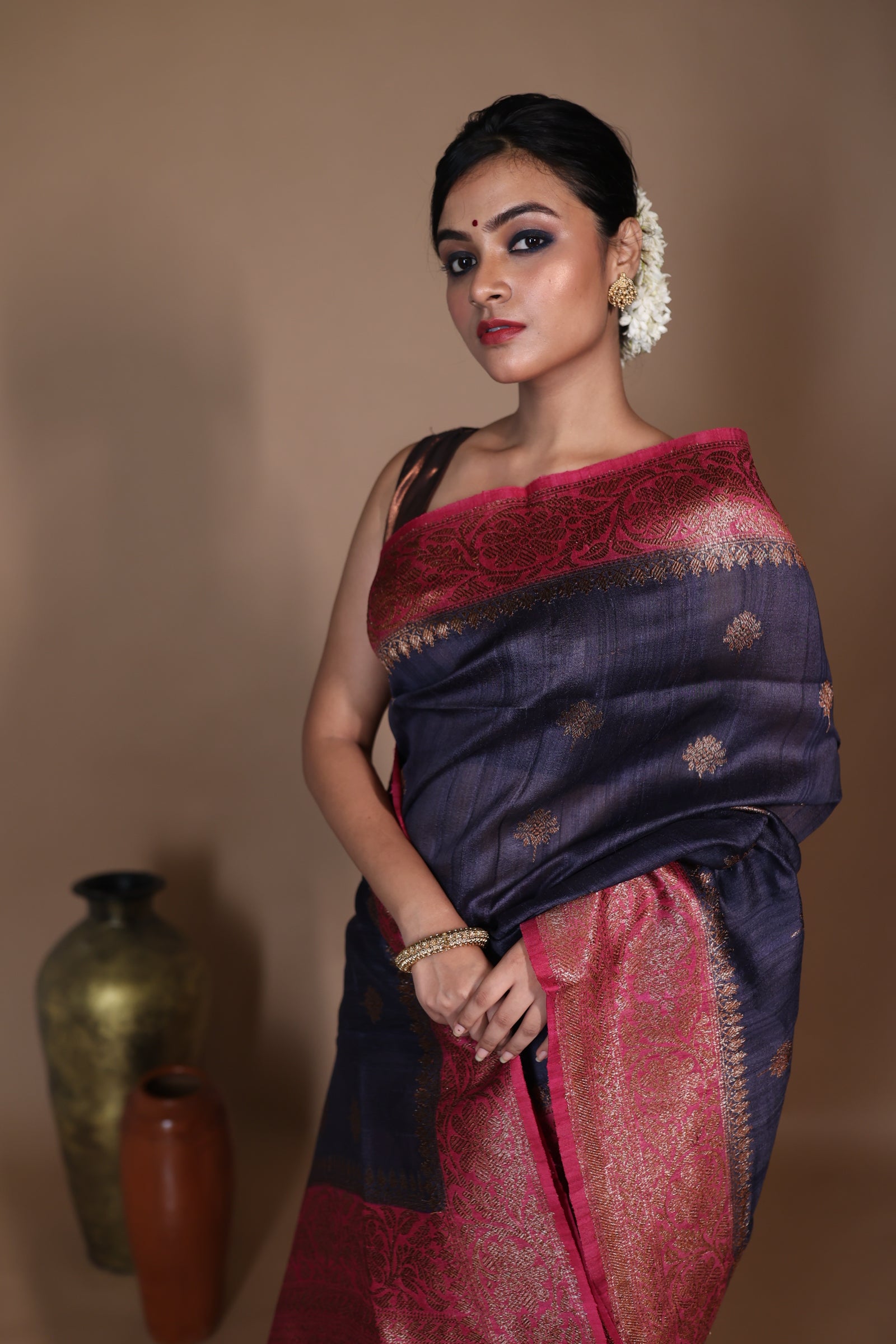 Ishani || Gunmetal Grey Pure Tussar Handloom Banarasi Saree with Kadhiyal lock Antique Zari Buta and Beetroot Pink border