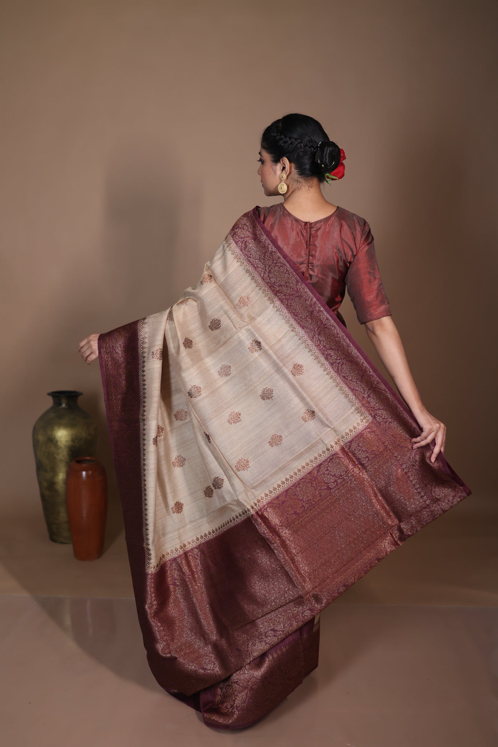 Aishani || Beige Pure Tussar Handloom Banarasi Saree with Kadhiyal lock Antique Zari Buta and Dark Chocolate Brown border