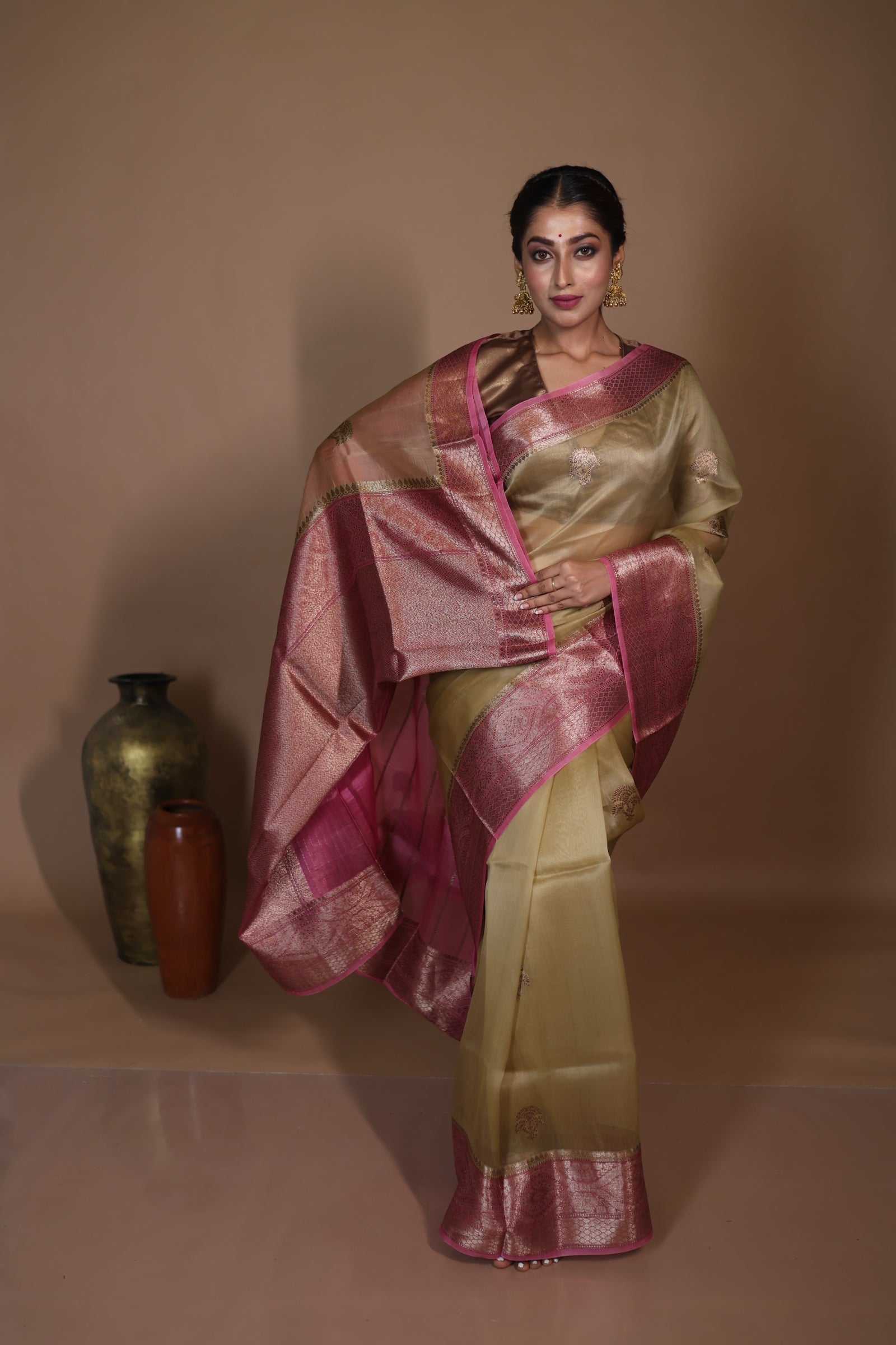 Anvi || Golden Khaki Kora Silk Handloom Banarasi Saree with all over Antique Zari Kadhua Buta and Onion Peel shade border