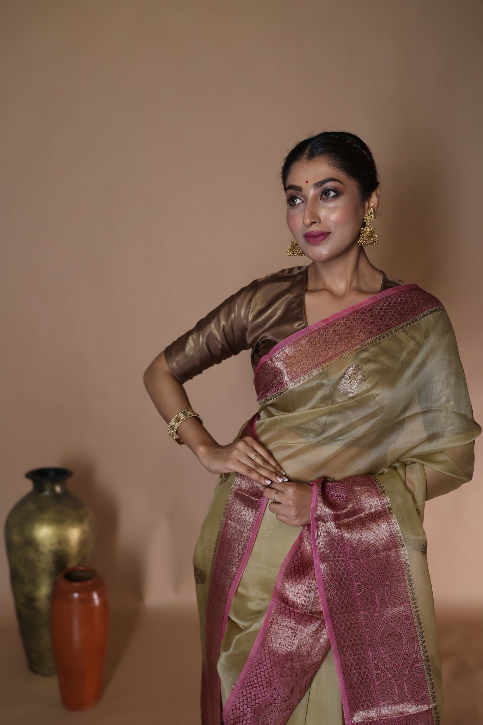 Anvi || Golden Khaki Kora Silk Handloom Banarasi Saree with all over Antique Zari Kadhua Buta and Onion Peel shade border