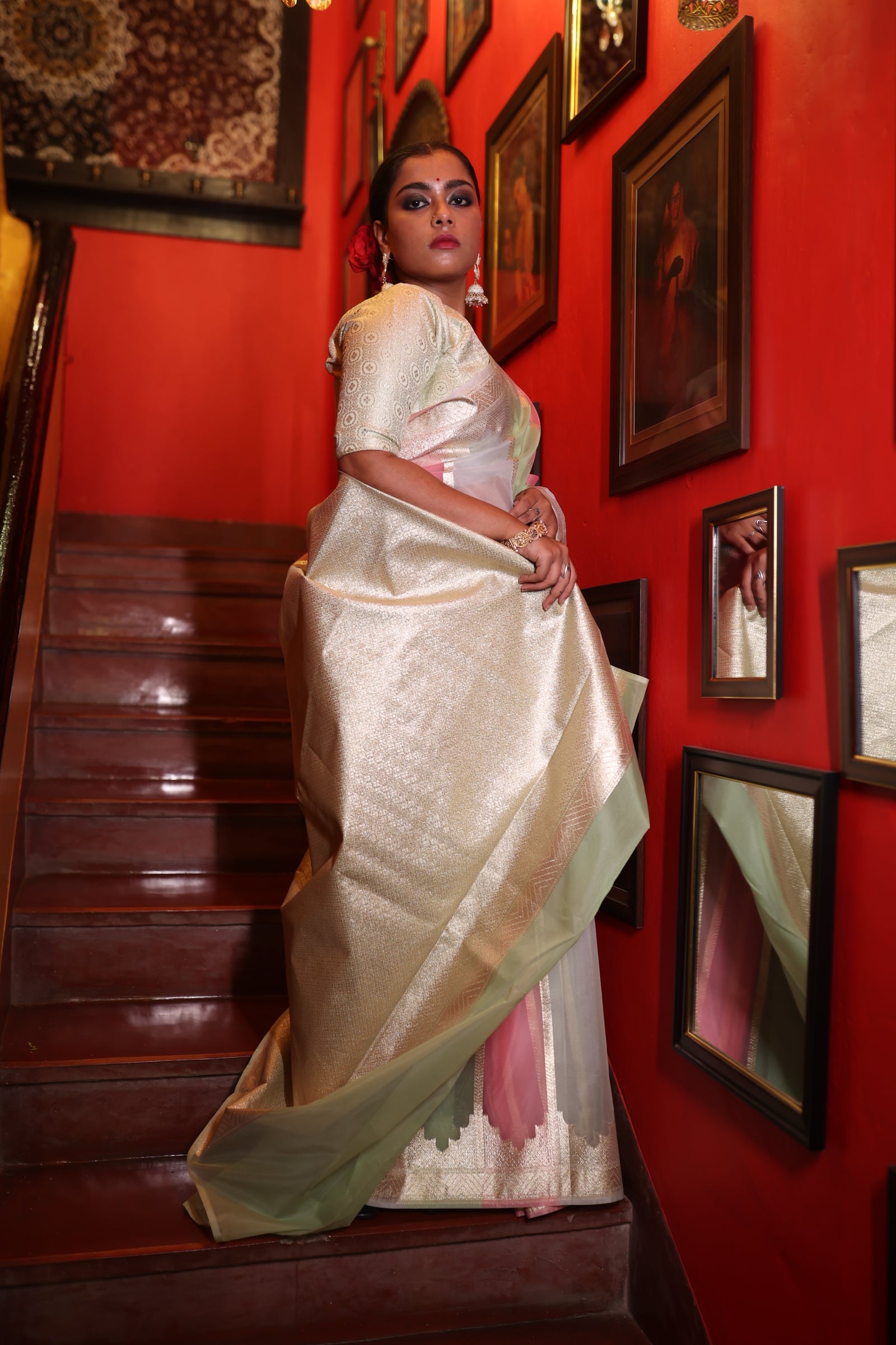 Sameera || Mint Green, Baby Pink & Onion Pink Rangkaat Pure Organza Banarasi Saree with all over Matte Gold Zari Stripes and Brocade Pallu