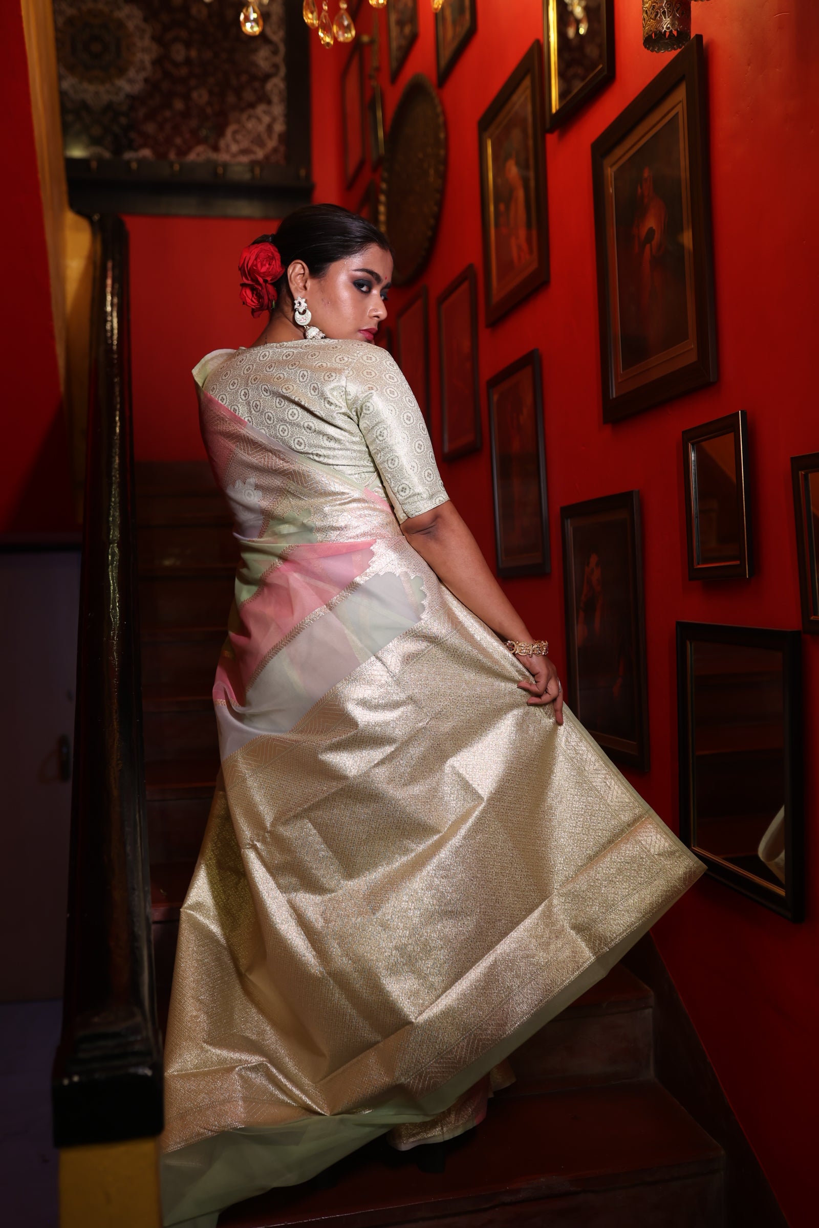 Sameera || Mint Green, Baby Pink & Onion Pink Rangkaat Pure Organza Banarasi Saree with all over Matte Gold Zari Stripes and Brocade Pallu