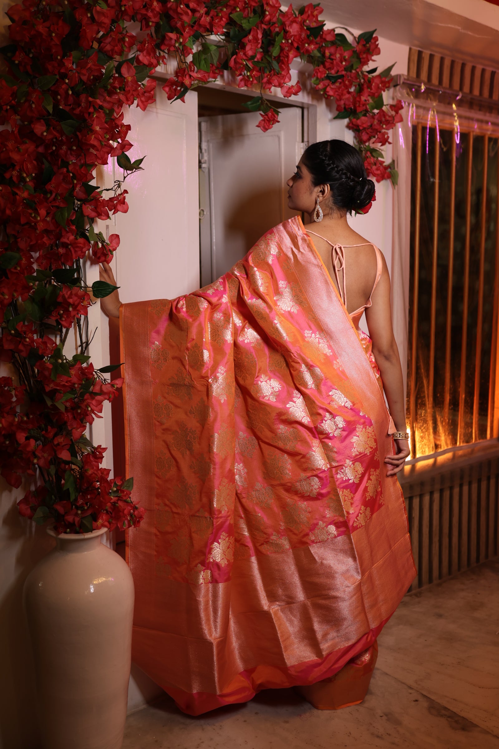 Gulabi || Pink & Orange dual-tone Pure Katan Handloom Banarasi Saree with all over Light Gold Zari 'Rose' motif and Brocade Border