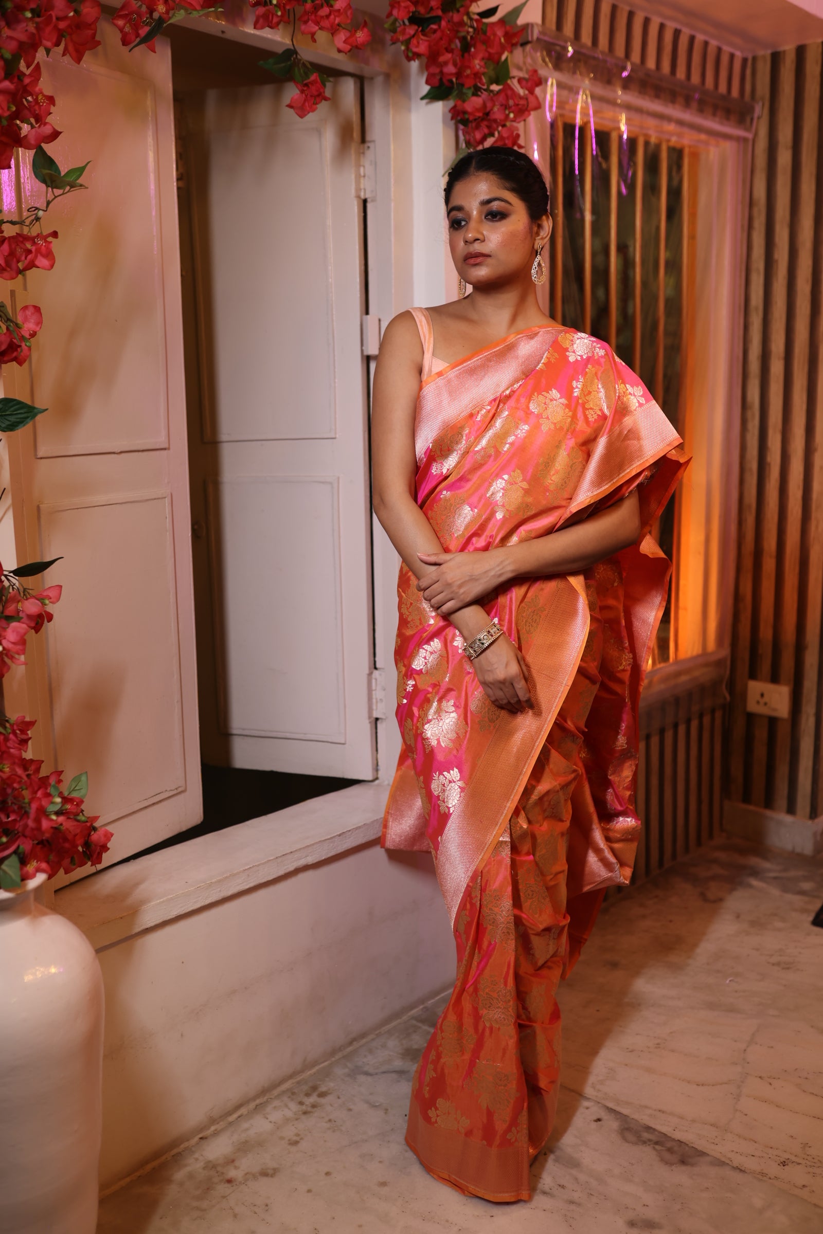 Gulabi || Pink & Orange dual-tone Pure Katan Handloom Banarasi Saree with all over Light Gold Zari 'Rose' motif and Brocade Border