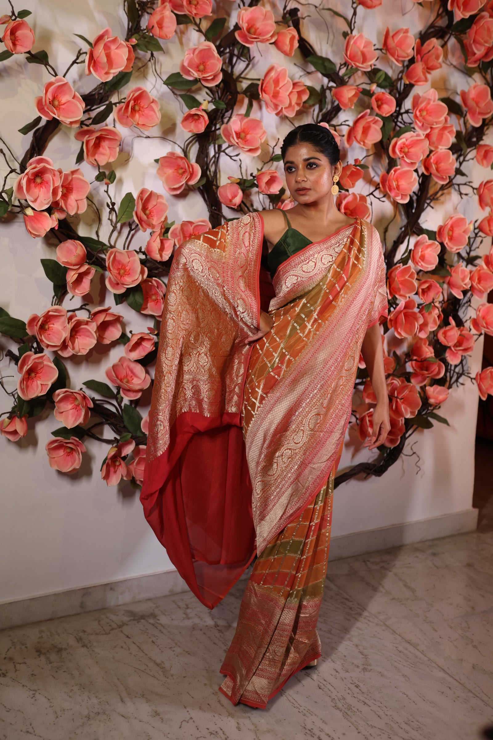 Checkers || All over Multi-coloured Checks Khaddi Georgette Banarasi Saree with Coral Pink and Matte Gold Zari broad border