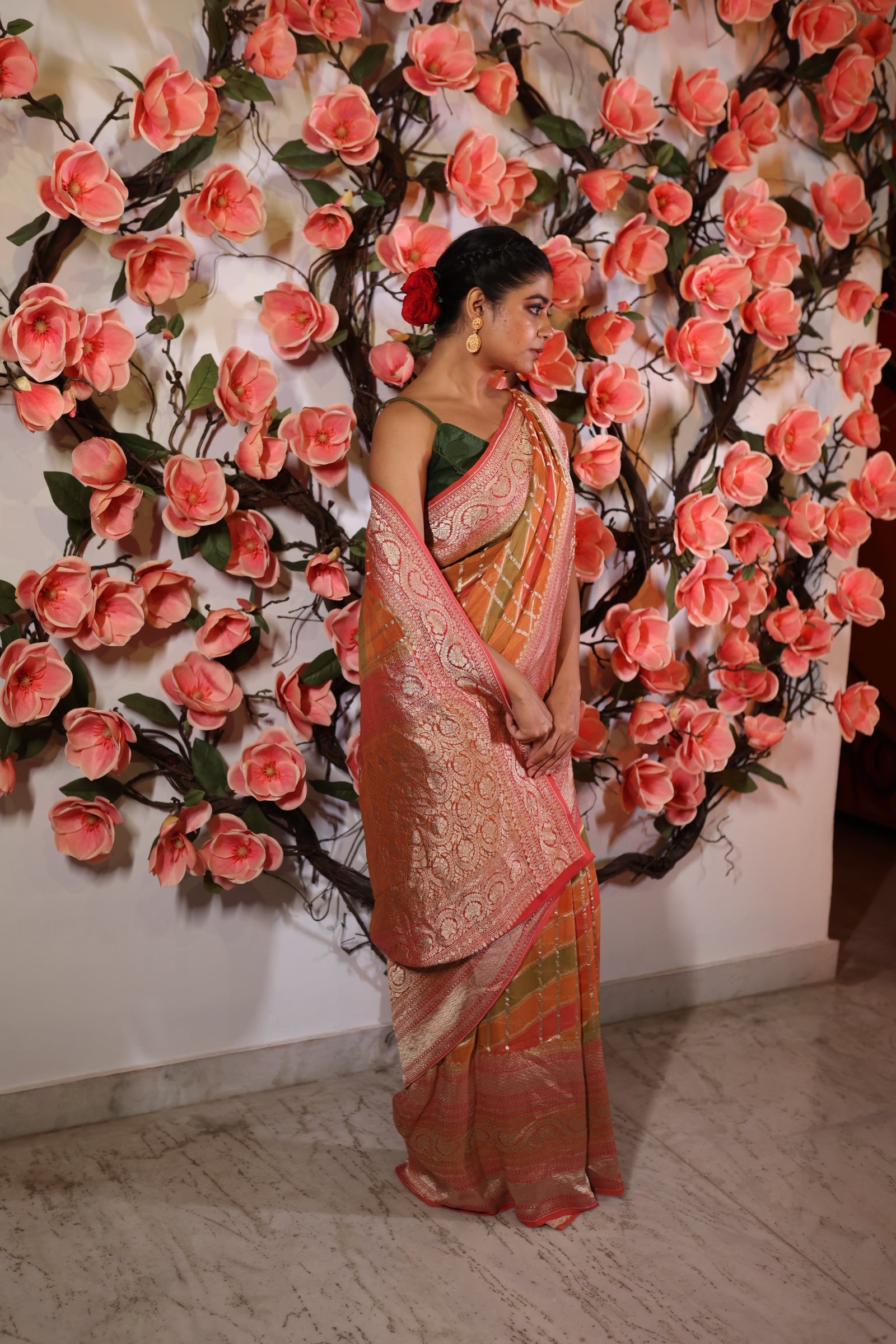 Checkers || All over Multi-coloured Checks Khaddi Georgette Banarasi Saree with Coral Pink and Matte Gold Zari broad border