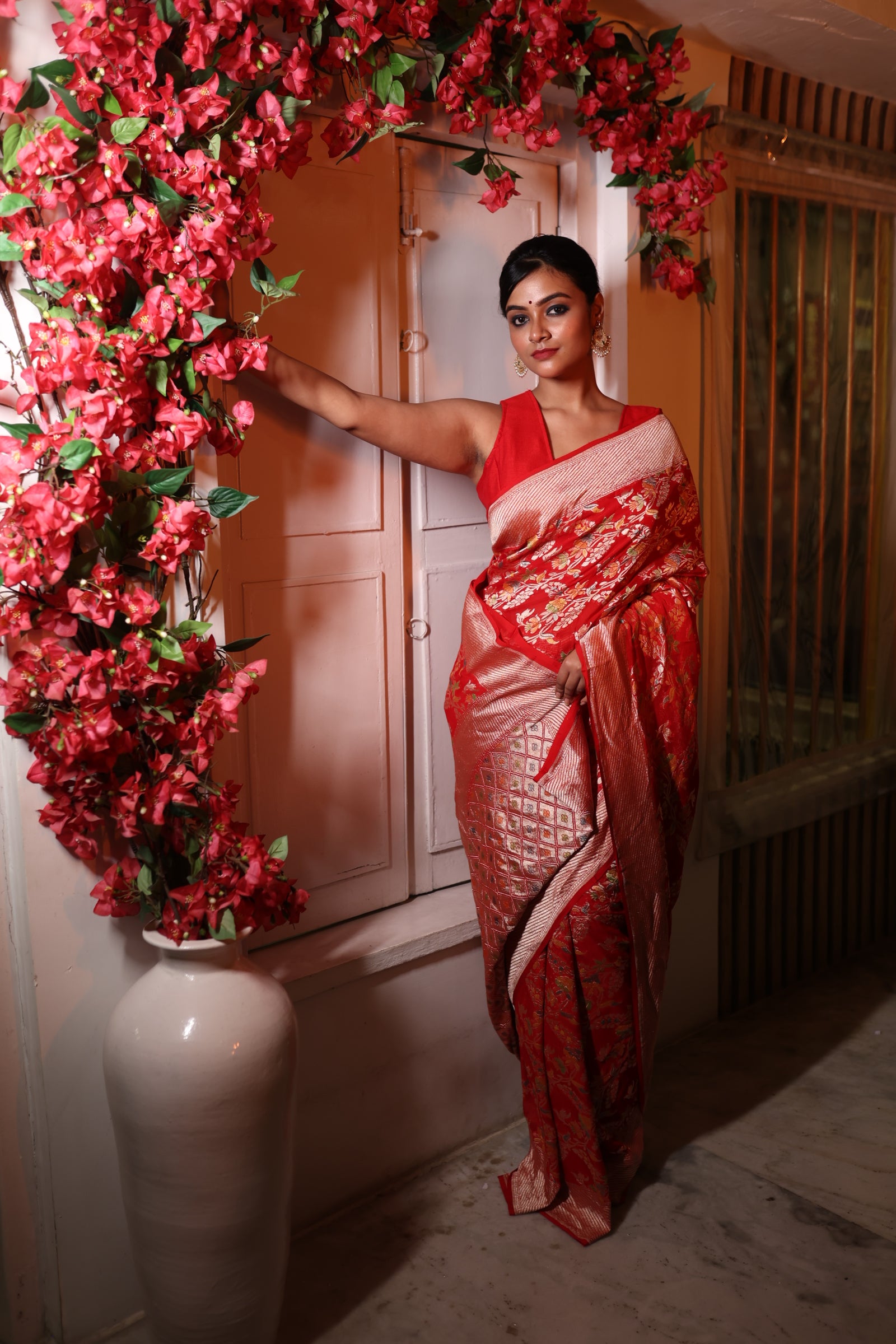 Mohini || Bright Red Khaddi Georgette Banarasi Saree with all over Rifling Handbrush Multi-colour & Matte Gold Zari Floral motif and Jaal