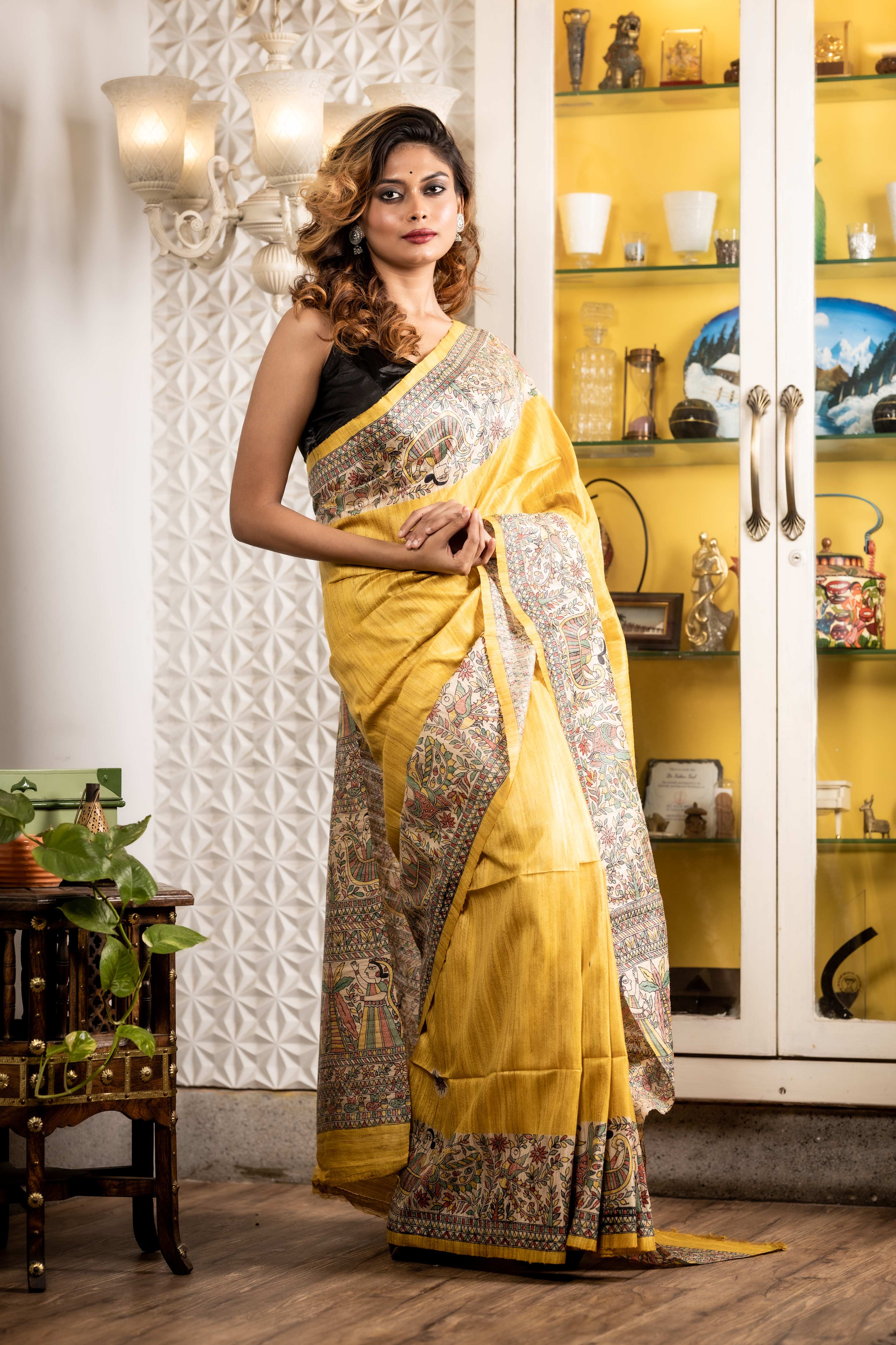 Madhubani || Mustard Yellow Ghicha Tussar Saree with Plain Body and Multi-colour 'Madhubani' theme Border & Pallu