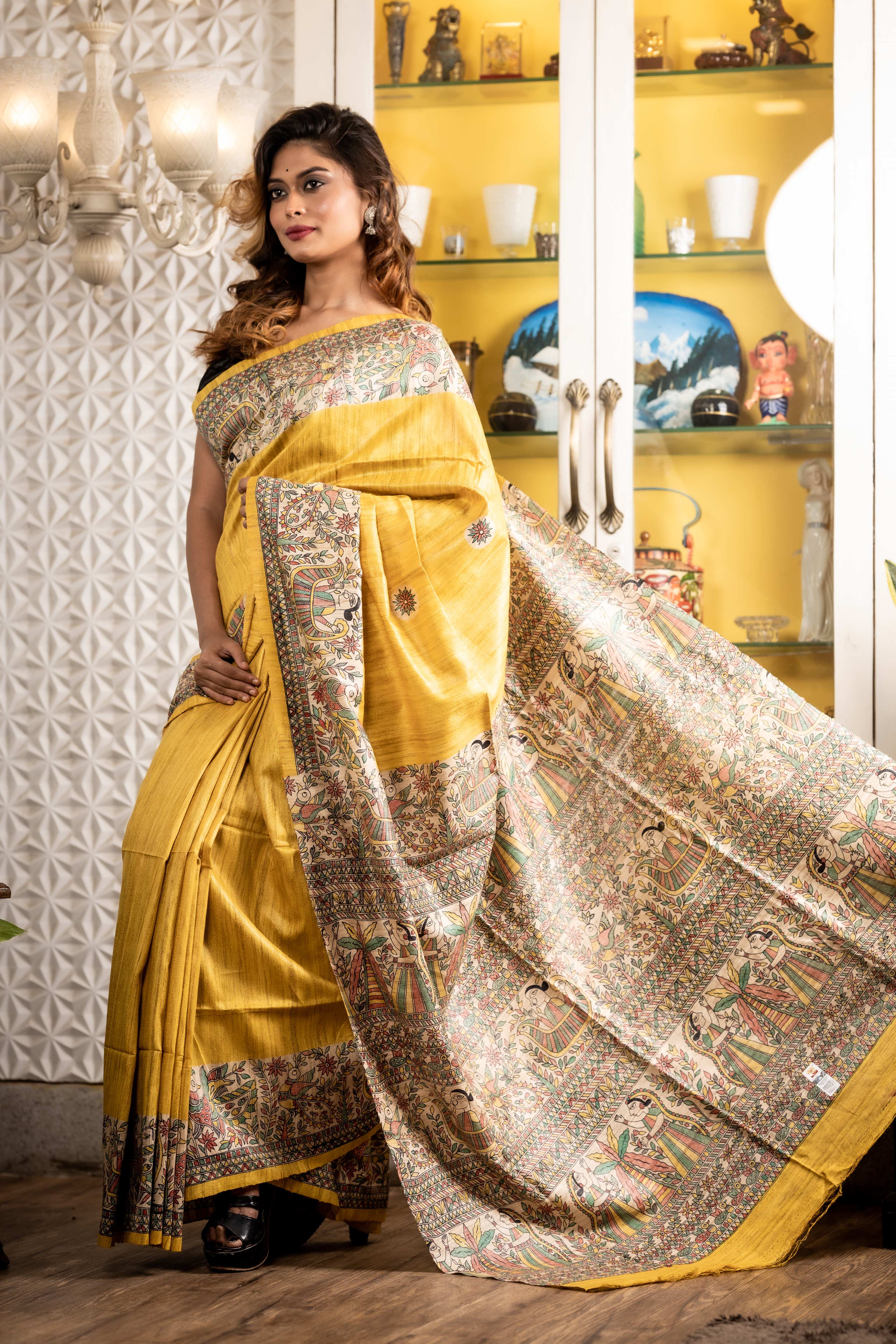 Madhubani || Mustard Yellow Ghicha Tussar Saree with Plain Body and Multi-colour 'Madhubani' theme Border & Pallu