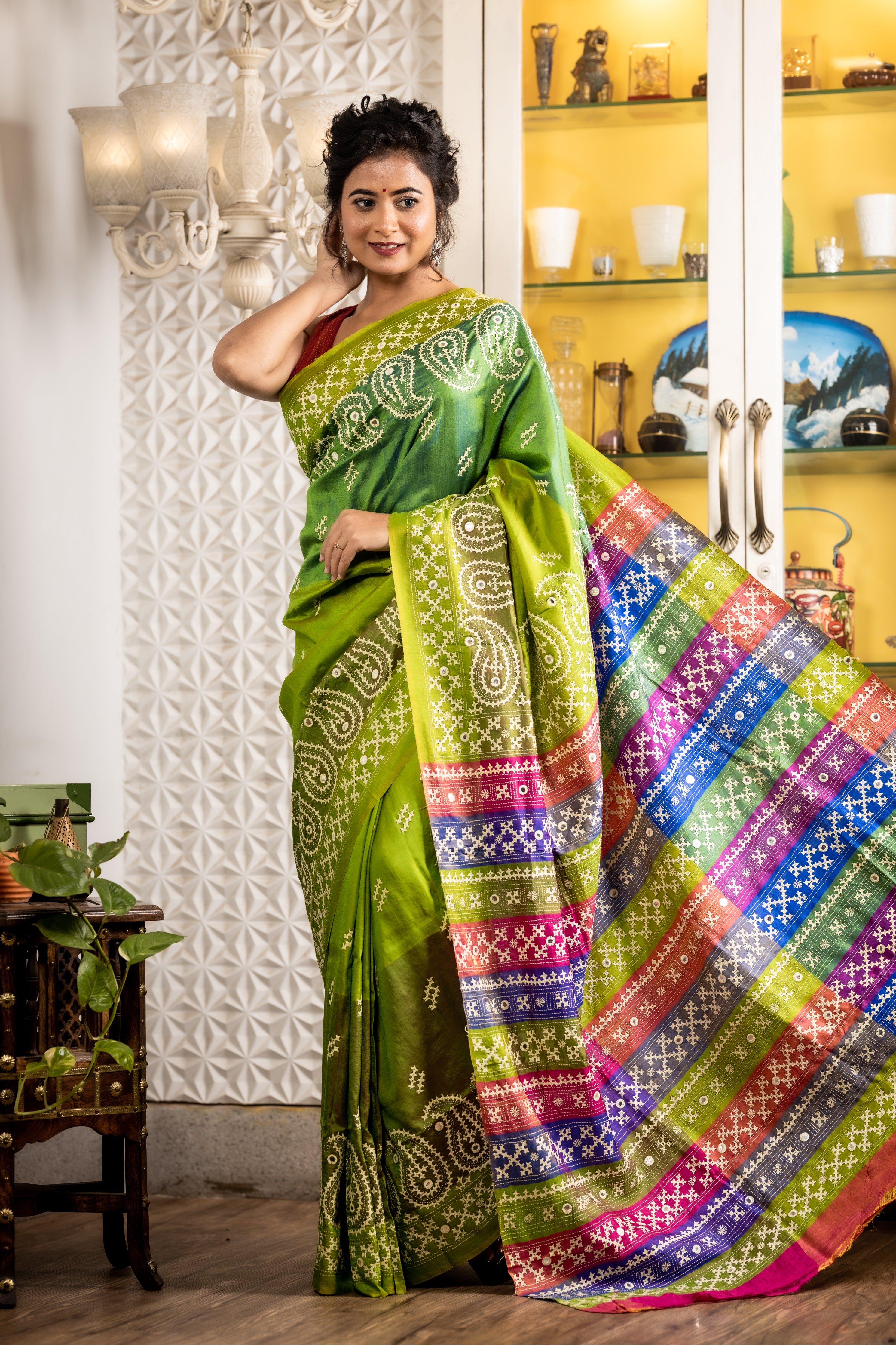 Prakriti || Parrot Green & Forest Green Colour Block Pure Bangalore Silk Kantha Stitch Embroidery Saree with all over White Traditional 'Kutchi' design and 3D Magenta-Violet Stripe Pallu