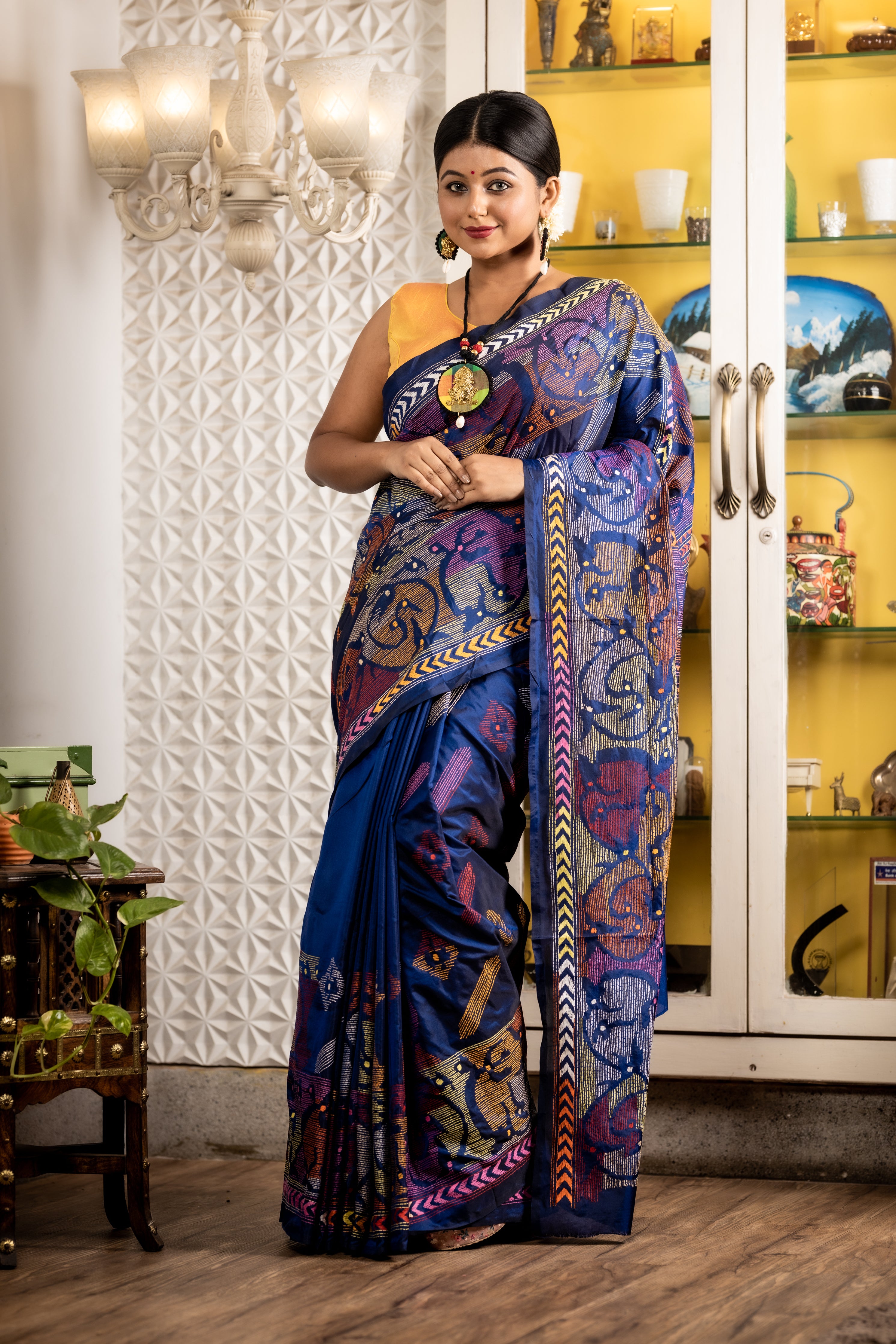Sucharita || Royal & Navy Blue dual tone Bangalore Silk Kantha Stitch Embroidery Saree with Multi-colour Abstract motif on Half body, Border & Pallu
