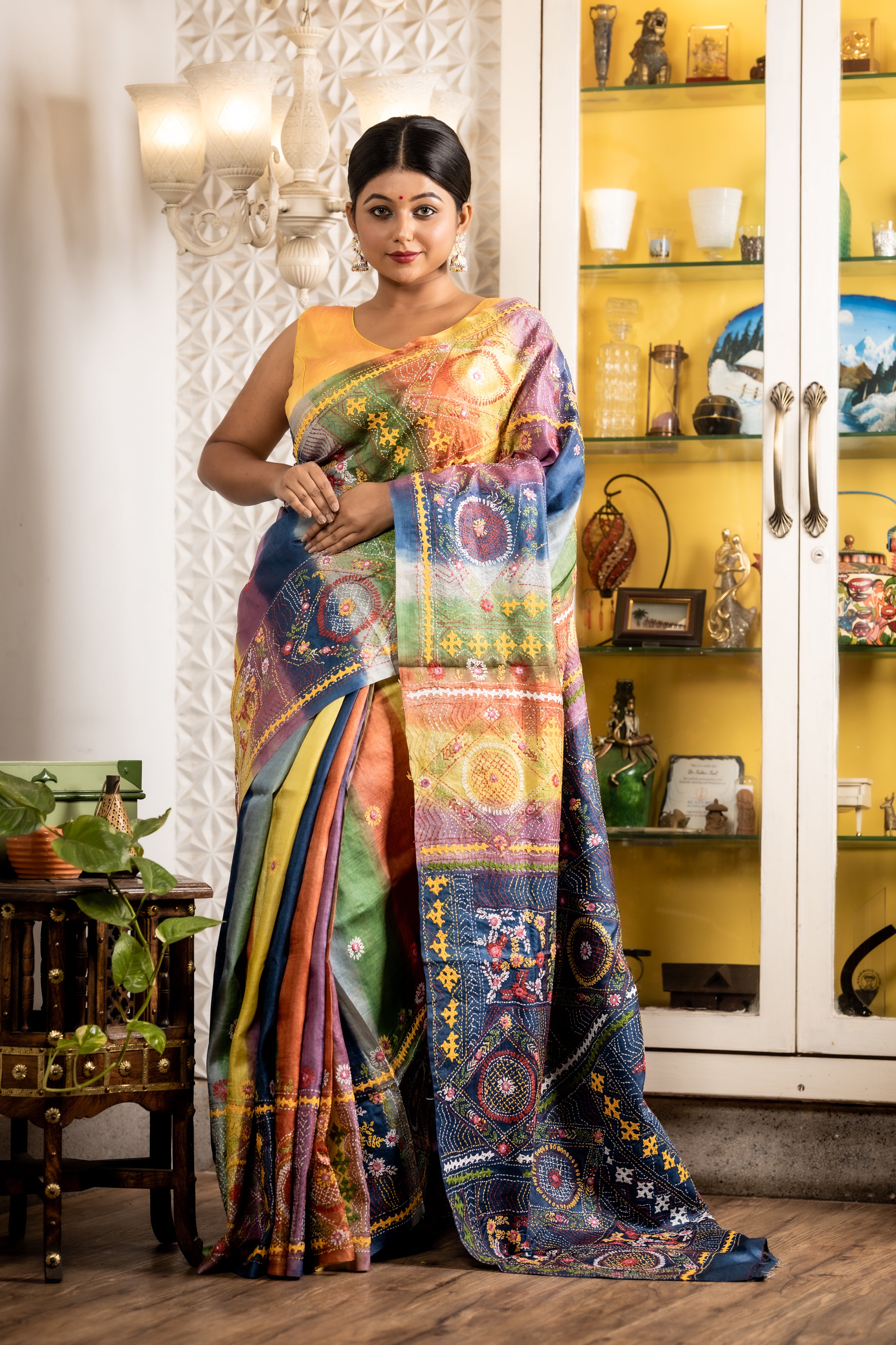Labanya || Multi-colour Pure Tussar Silk Handloom Kantha Stitch Embroidery Saree with all over 6D Stripes and 'Lambani' work