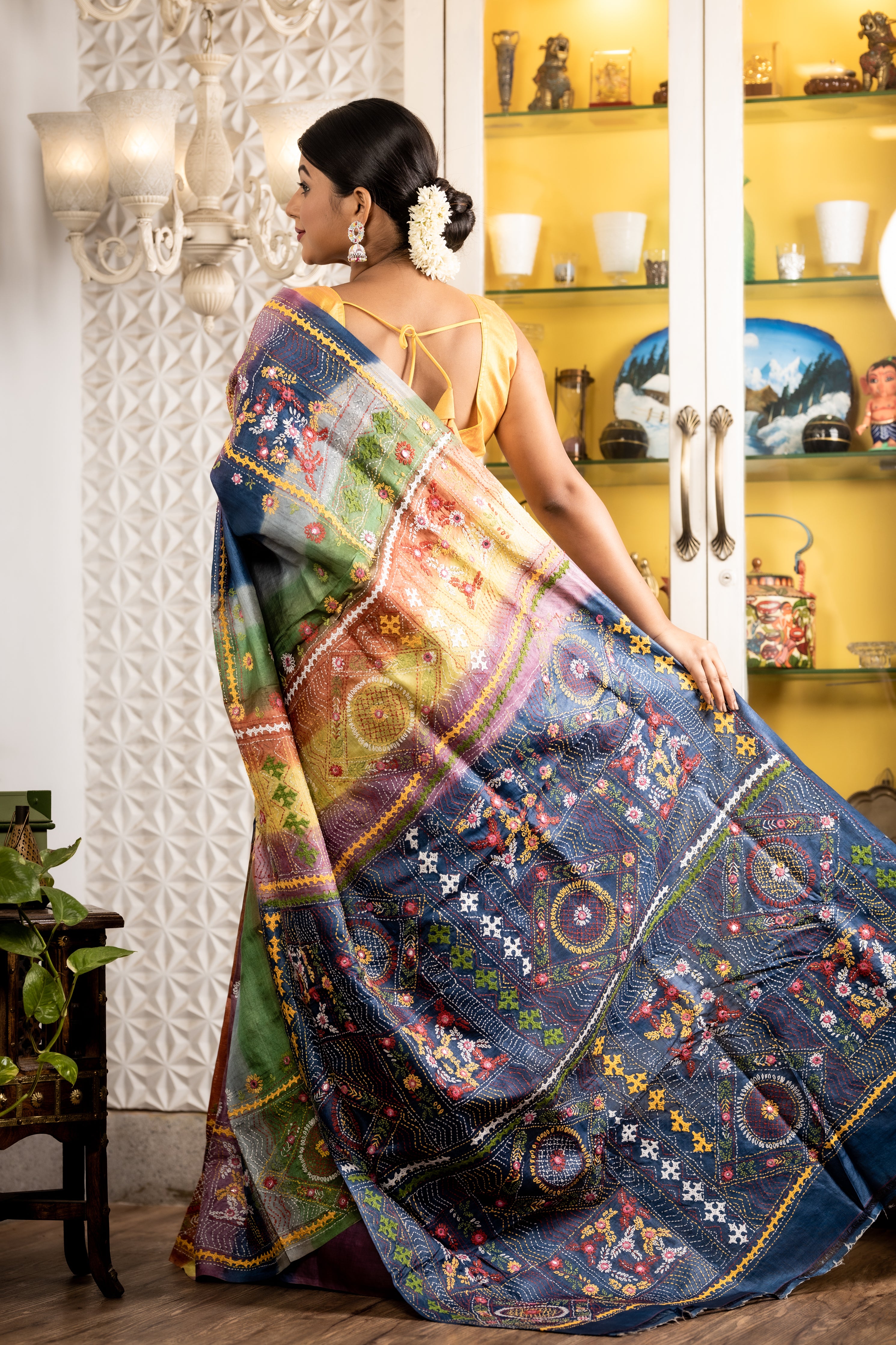 Labanya || Multi-colour Pure Tussar Silk Handloom Kantha Stitch Embroidery Saree with all over 6D Stripes and 'Lambani' work
