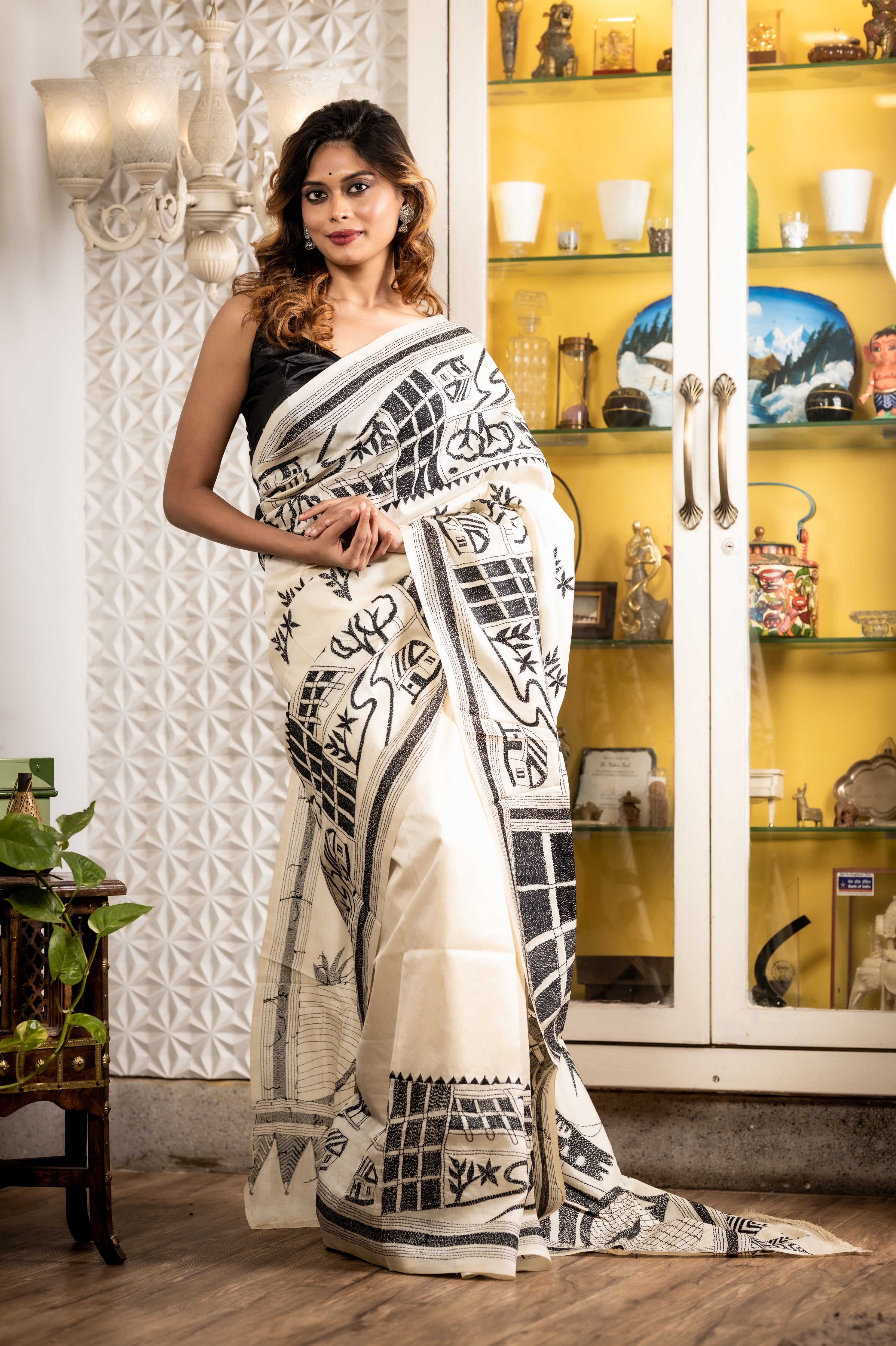 Bhanumoti || Off-White Pure Tussar Silk Kantha Stitch Embroidery Saree with all over Black 'Village' theme Border with Abstract Box motifs and 'Village Lifestyle' theme Pallu