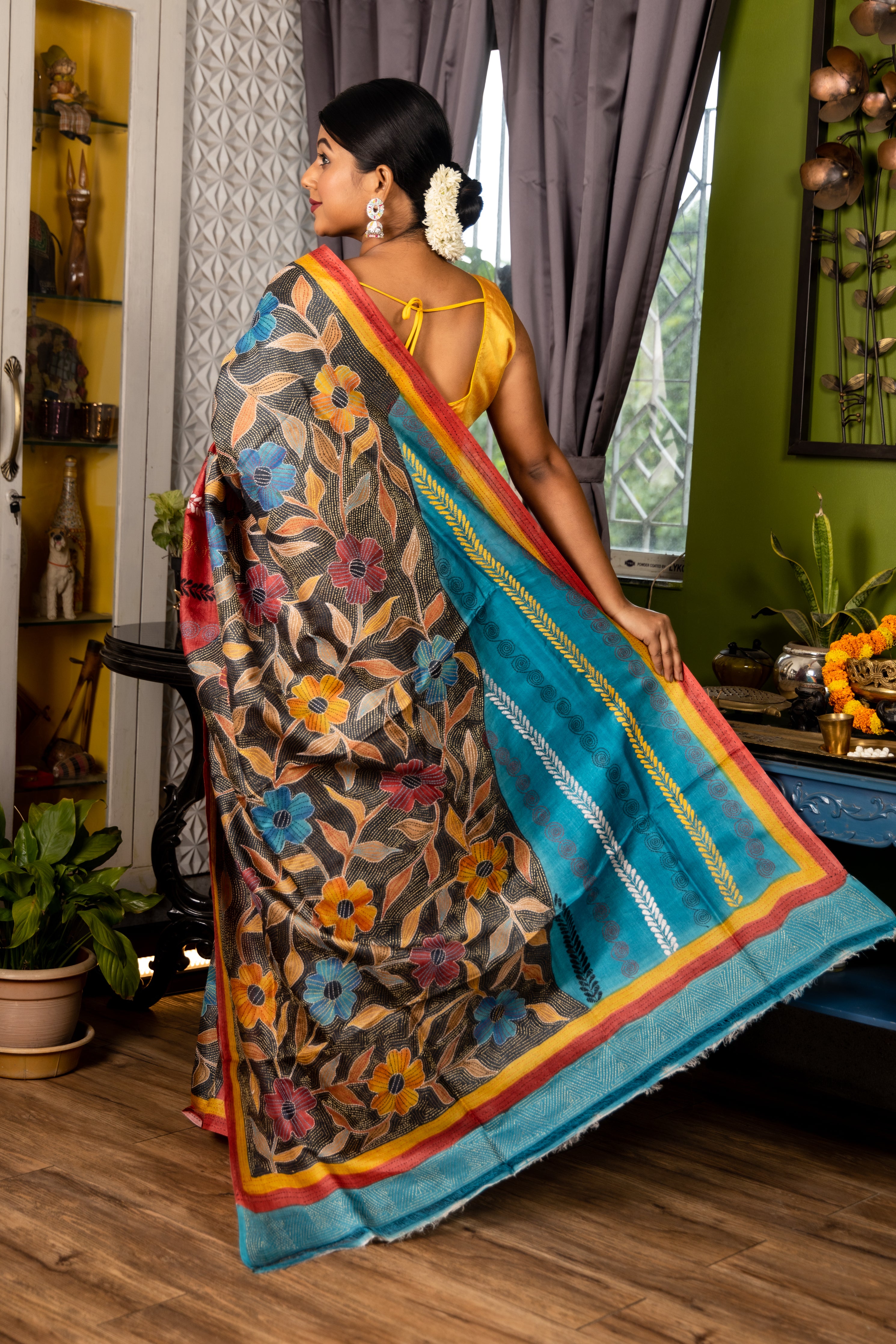 Nirupama || Firozi Blue, Beetroot Red & Black Colour Block Dye Pure Tussar Silk Kantha Stitch Embroidery Saree with all over Multi-colour half Floral motif & half Stripe Body & Pallu