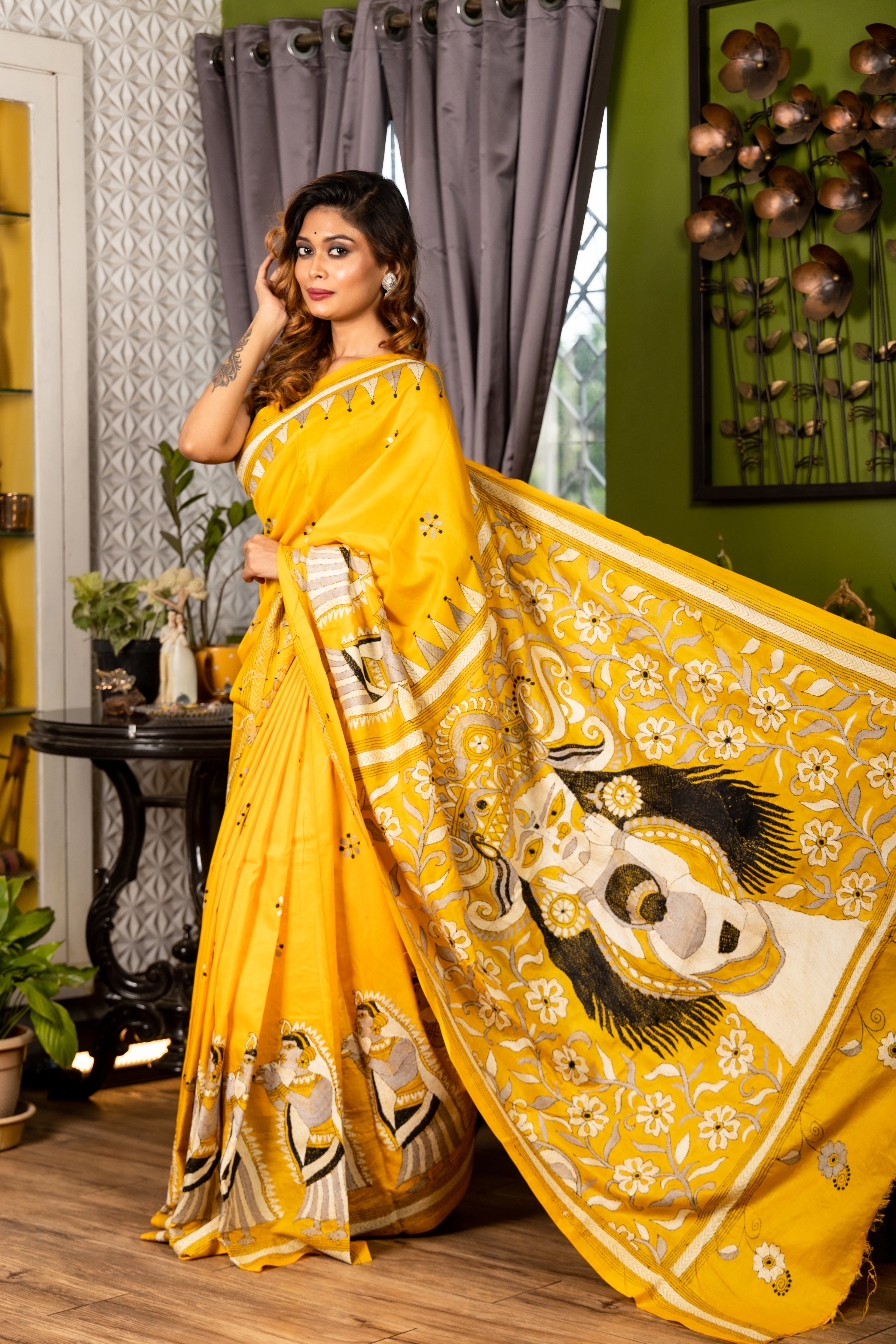 Boron || Mustard Yellow Pure Bangalore Silk Kantha Stitch Embroidery Saree with all over Grey, Black & White Resham Buta, 'Durga Puja' theme Border and 'Durga Boron' theme Pallu