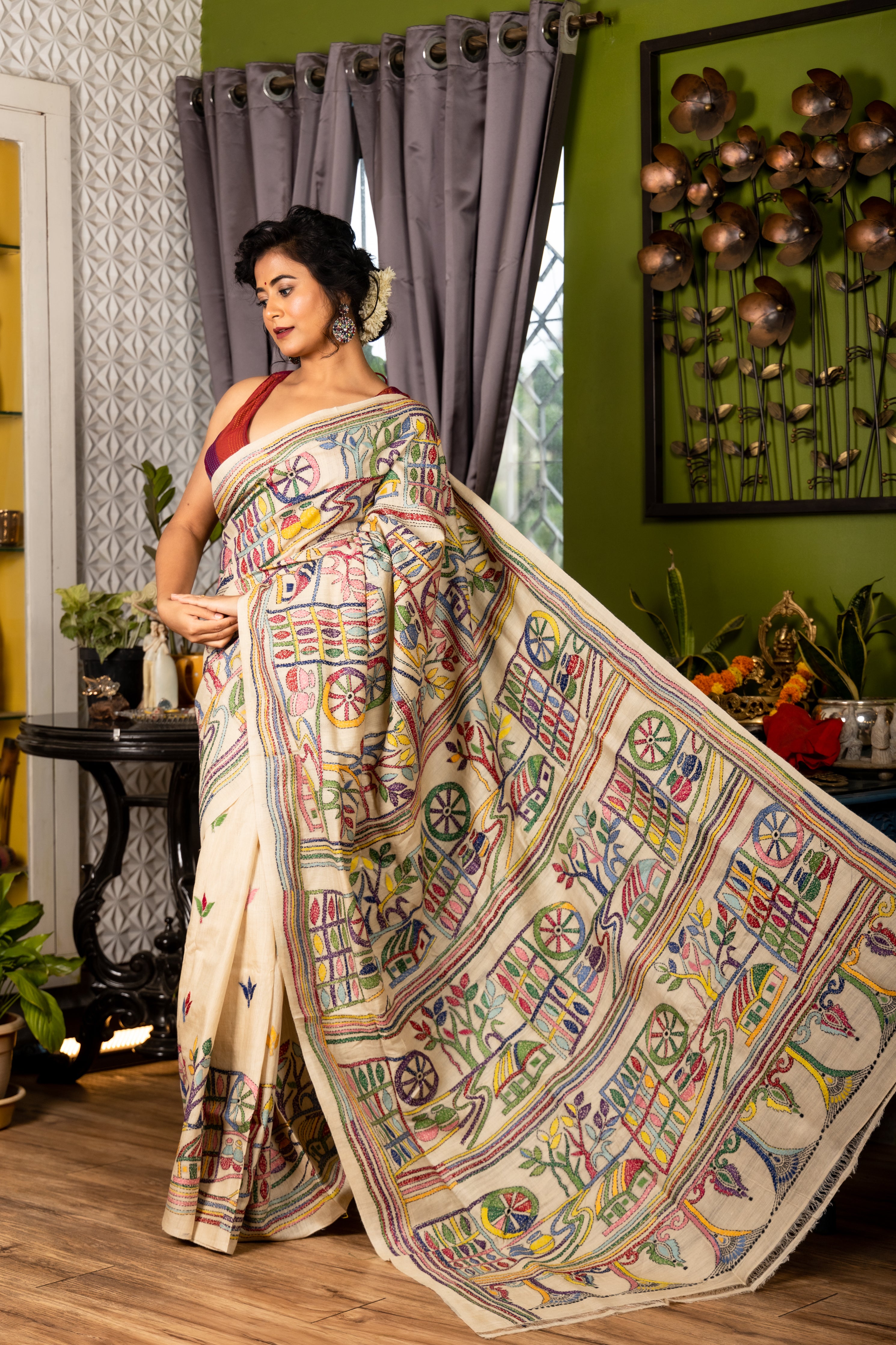 Mrinmoyee || Light Beige Pure Gachhi Tussar Silk Handloom Kantha Stitch Embroidery Saree with Multi-colour Floral Buta on half body and 'Village' theme Border, half body & Pallu