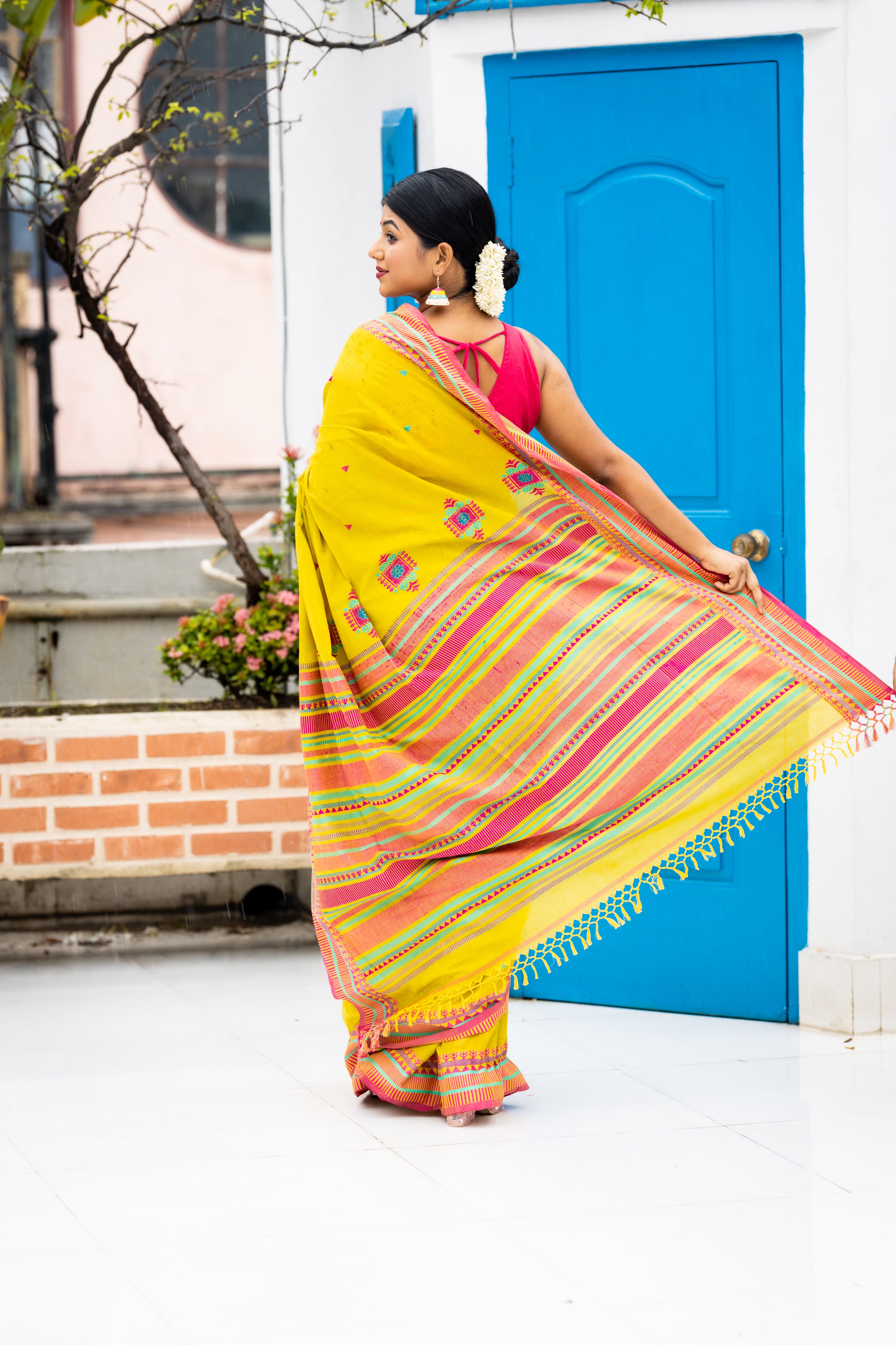 Sushmita || Light Olive Green Khadi Cotton Bengal Handloom Saree with all over Multi-colour Triangle Buti and 'Chatai' design Border & Pallu