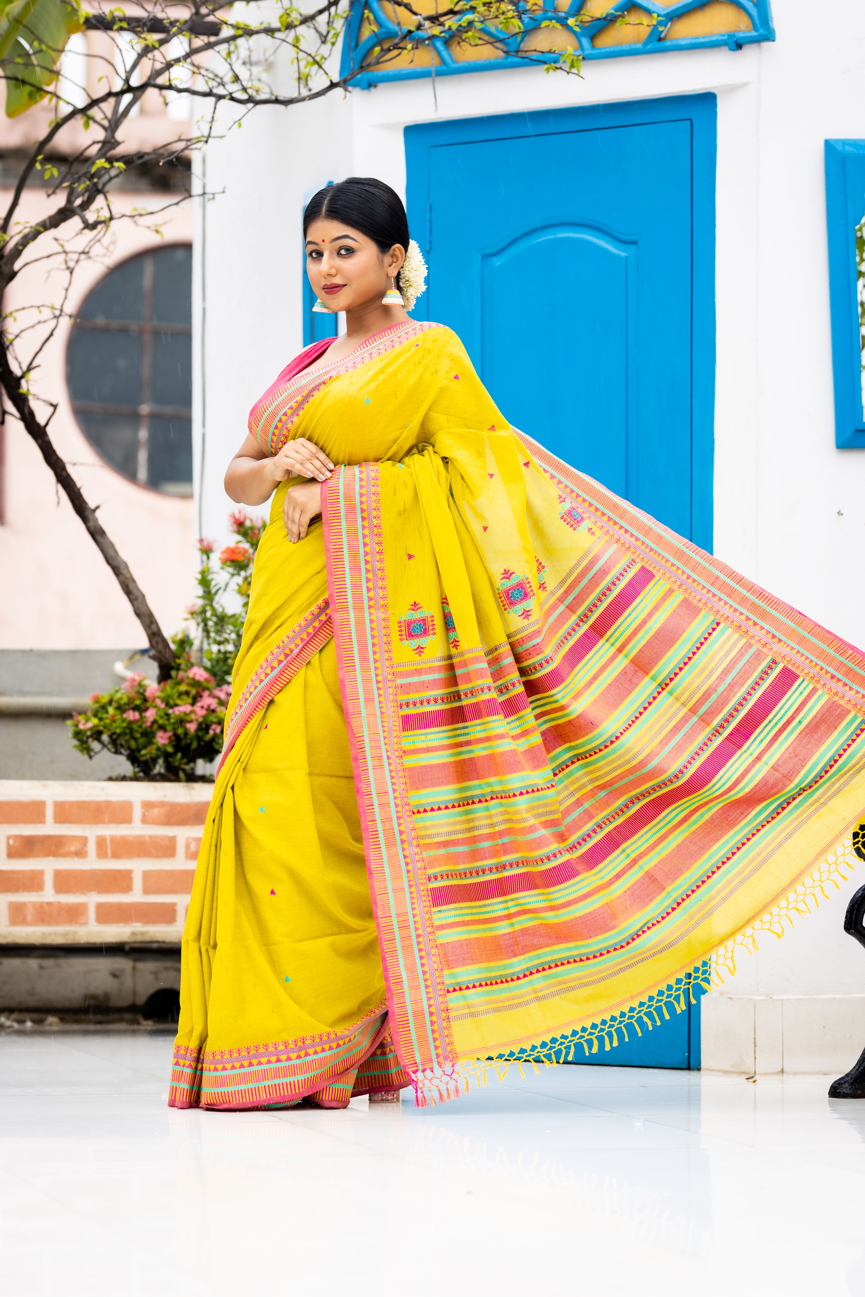 Sushmita || Light Olive Green Khadi Cotton Bengal Handloom Saree with all over Multi-colour Triangle Buti and 'Chatai' design Border & Pallu