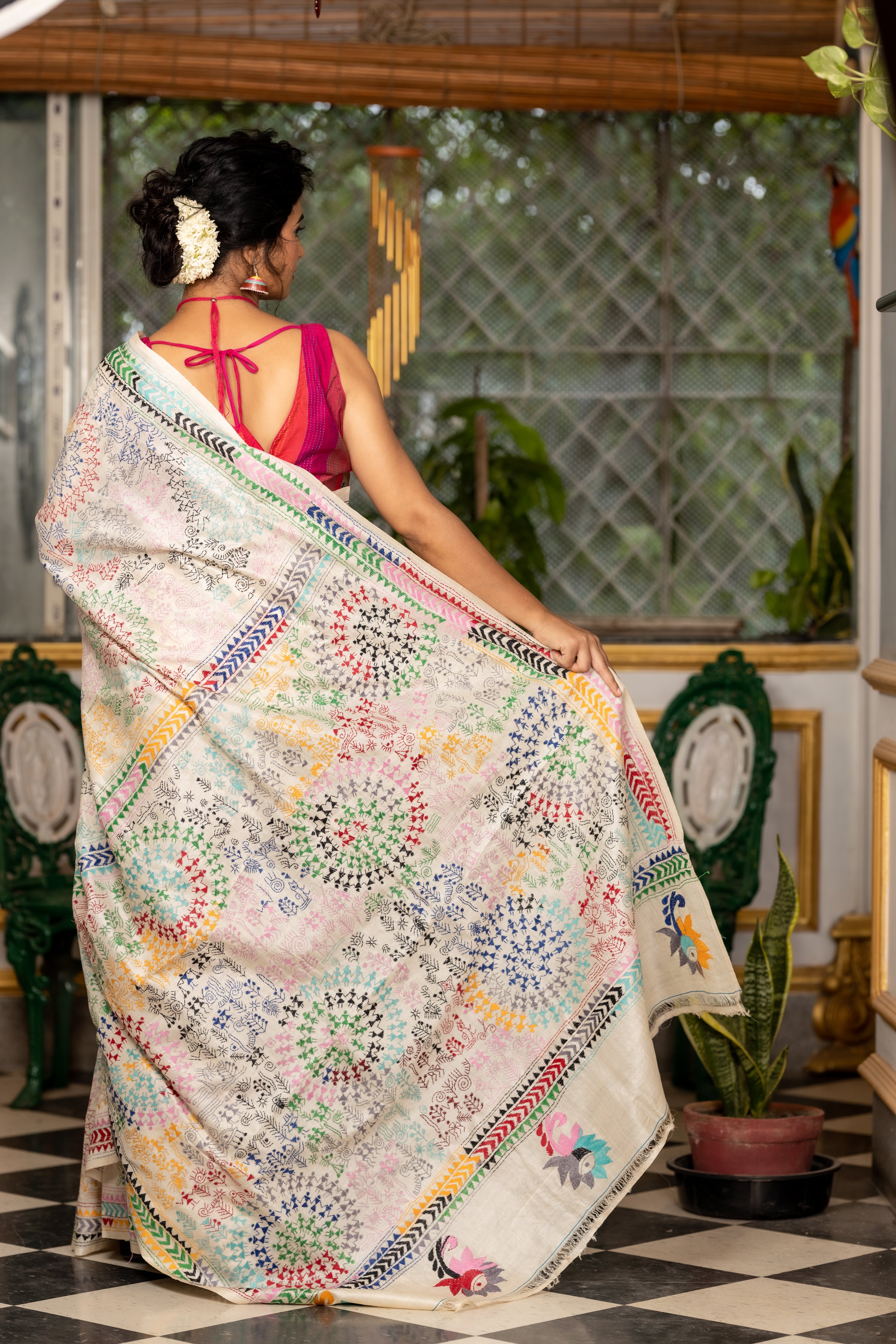 Binodini || Off-White Pure Tussar Silk Handloom Kantha Stitch Embroidery Saree with all over Multi-colour 'Warli' theme figures