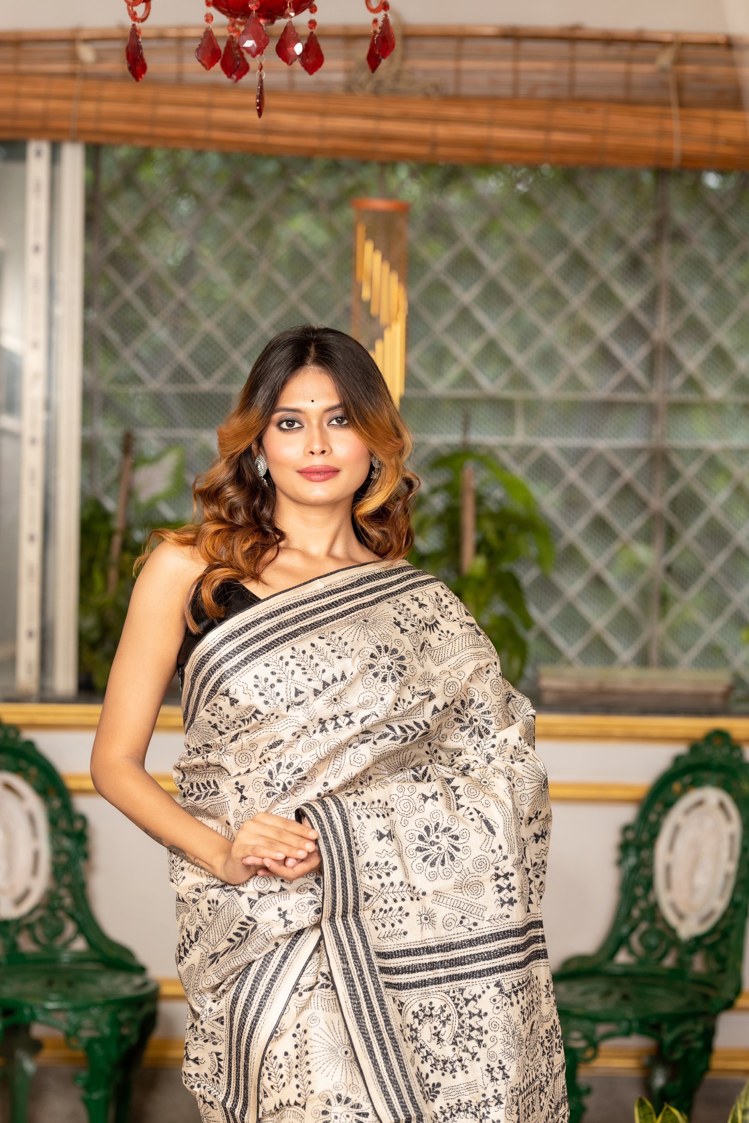 Mriganayani || Light Beige Pure Gachhi Tussar Silk Handloom Kantha Stitch Embroidery Saree with all over Black 'Warli' theme figures