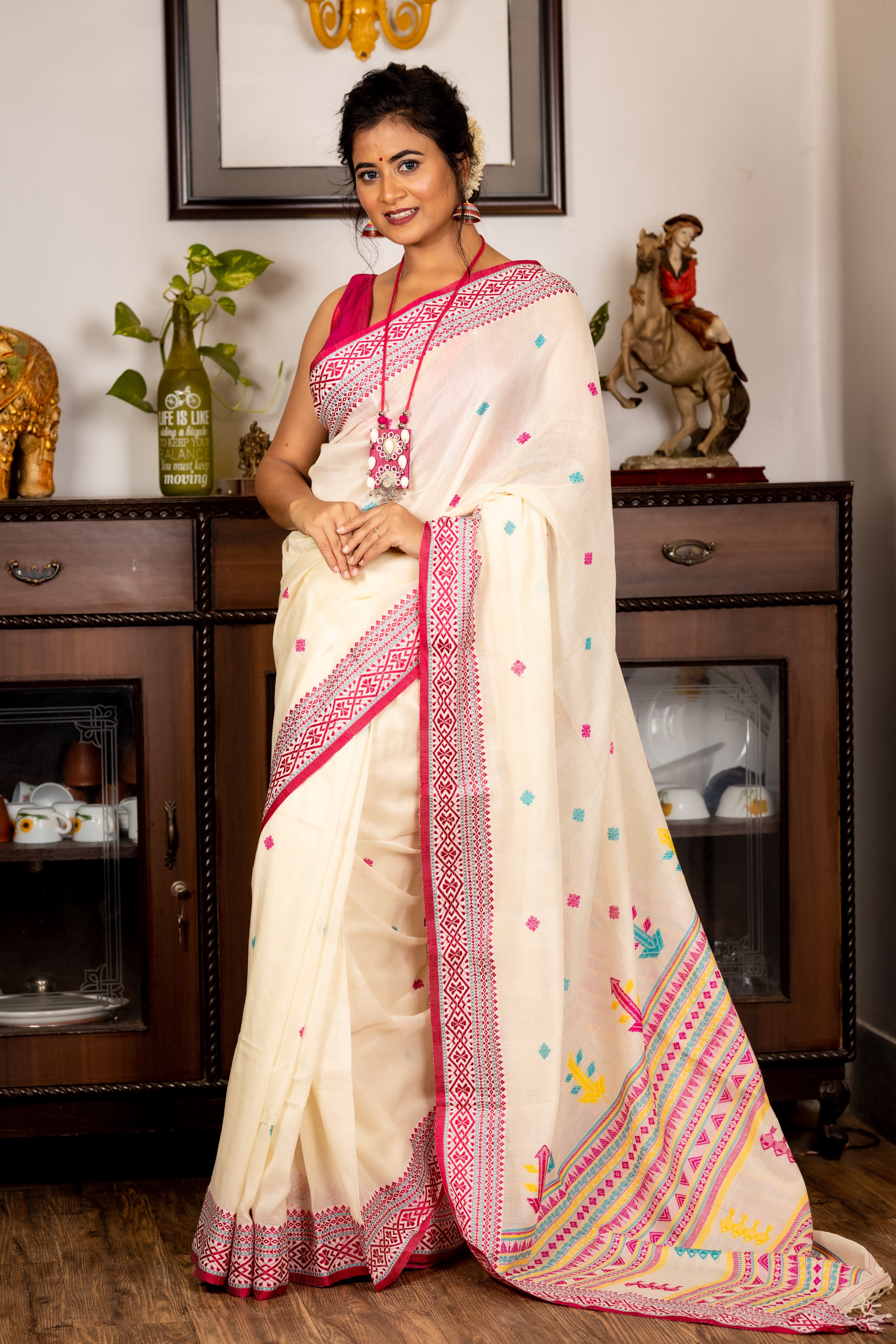 Indira || Off-White Cotton Bengal Handloom Saree with all over Multi-colour Buti, Stripe Pallu and Beetroot Pink Traditional design Border