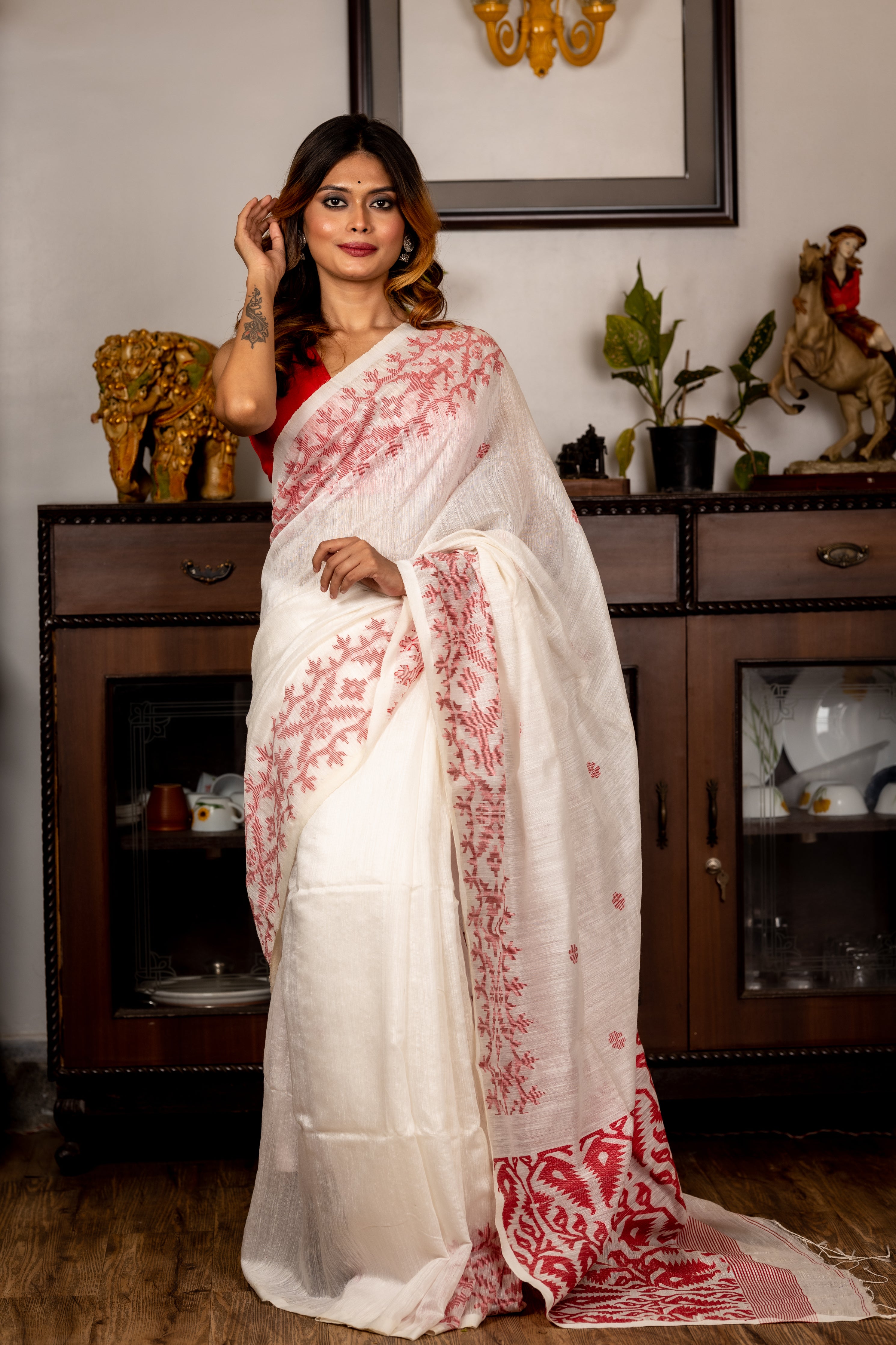 Uma || Pure White Matka Bengal Handloom Saree with Half Body Plain, Half Body Buta and 'Karat' motif Border & Pallu in Red Resham