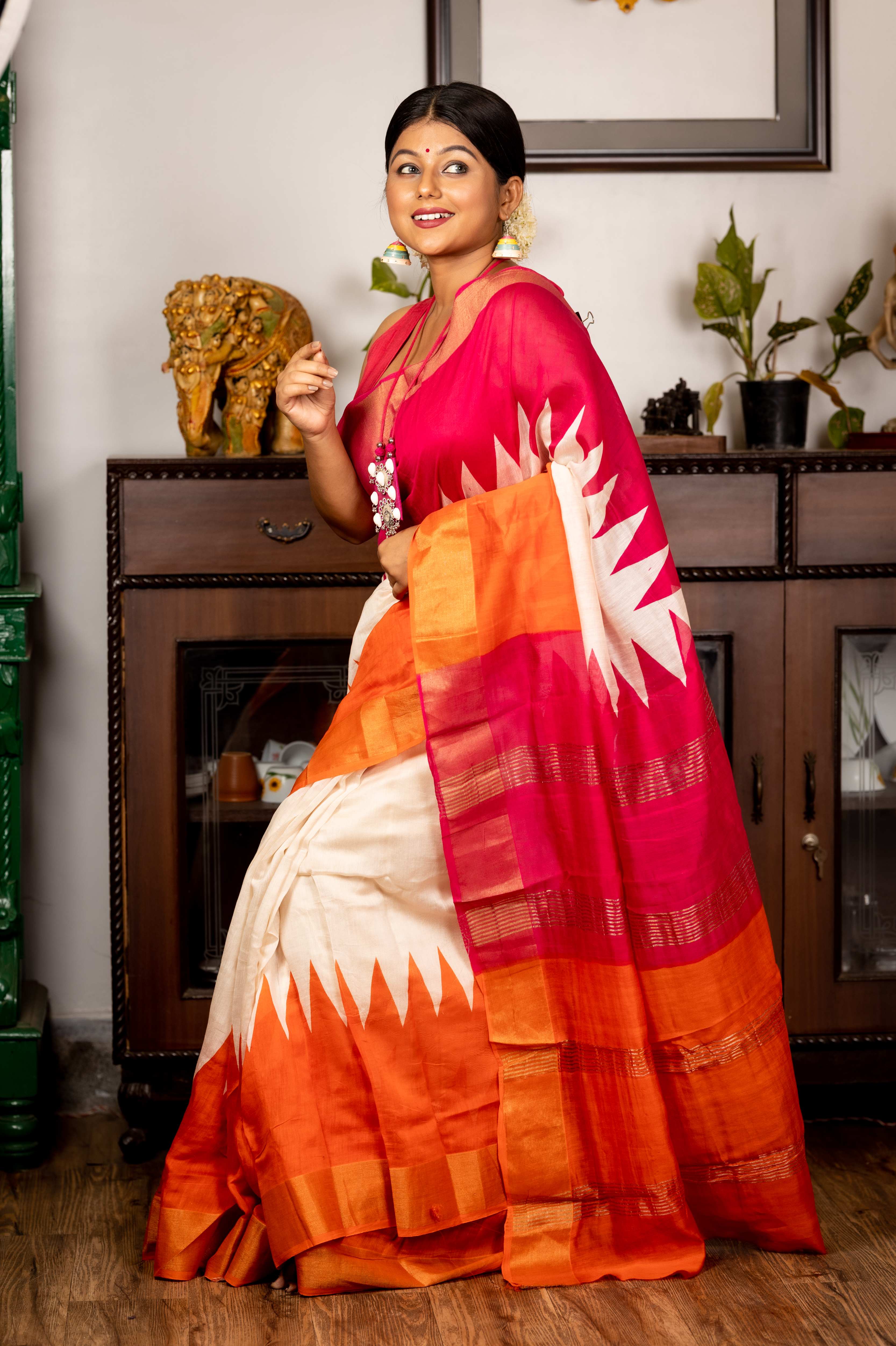 Amrita || Off-White Bapta Tussar Saree with Plain Body, Magenta Pink & Bright Orange 'Temple' with Golden Zari Border and dual shaded with Matte Silver & Golden Stripe Pallu