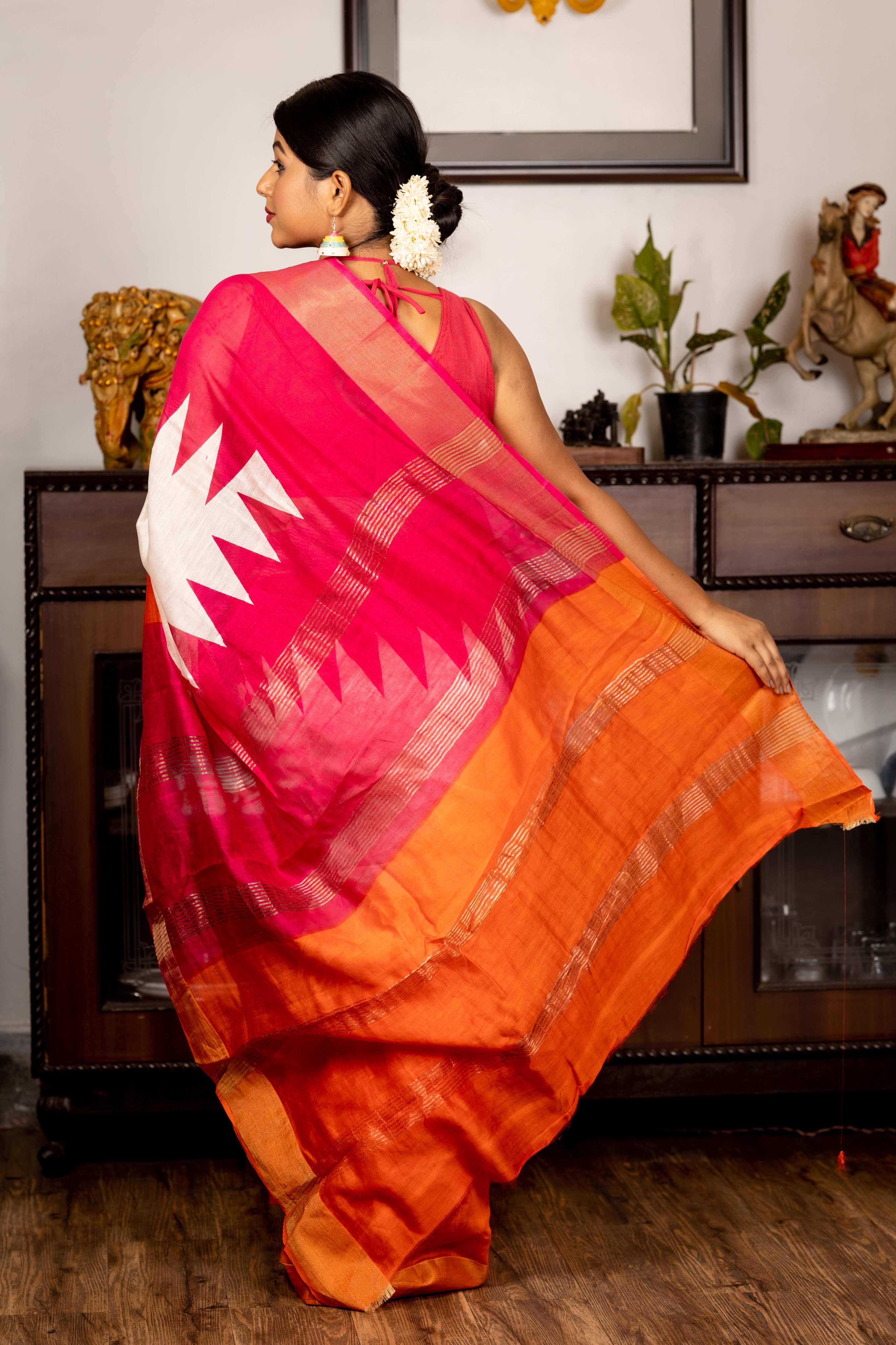 Amrita || Off-White Bapta Tussar Saree with Plain Body, Magenta Pink & Bright Orange 'Temple' with Golden Zari Border and dual shaded with Matte Silver & Golden Stripe Pallu