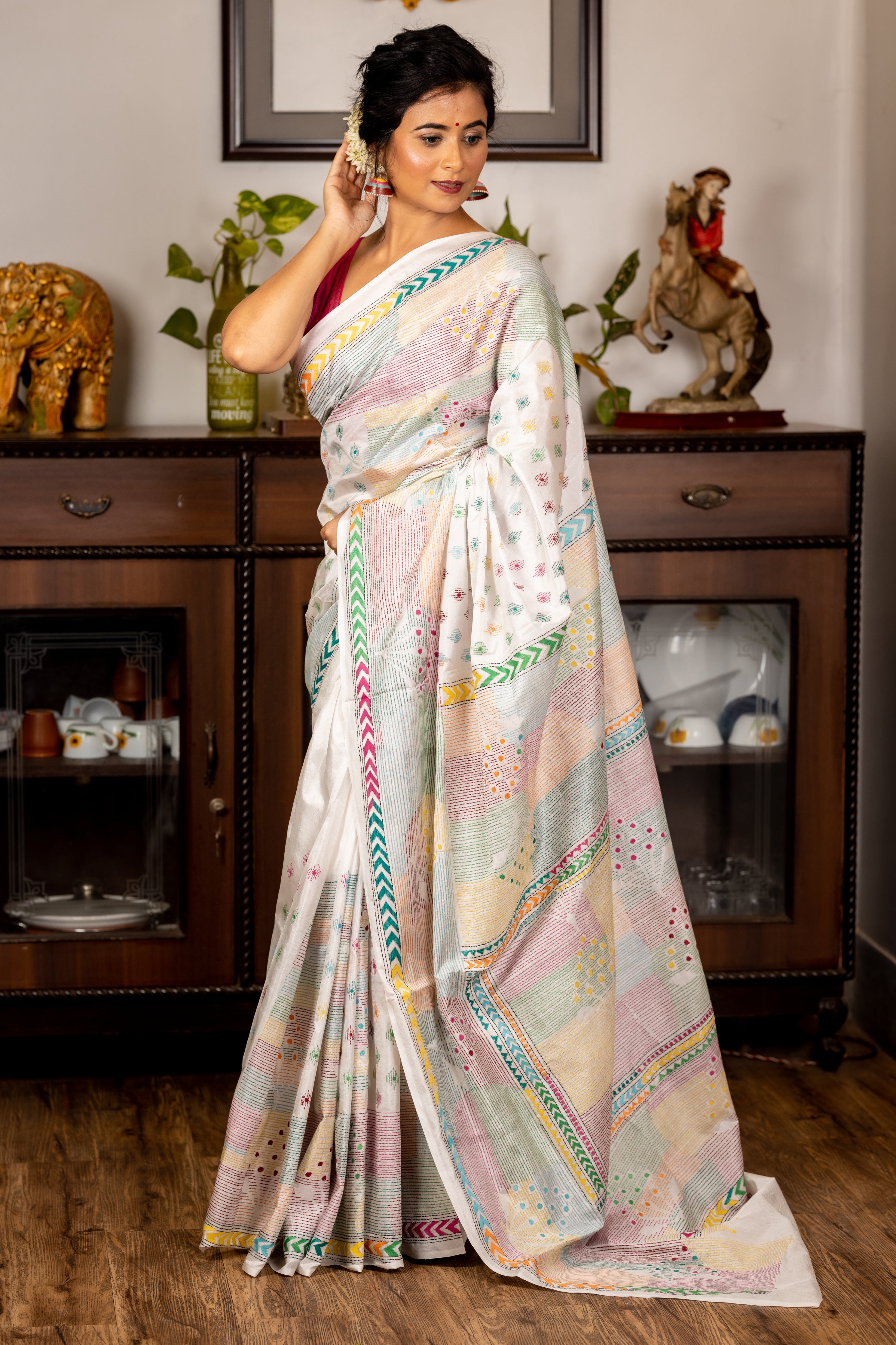 Kadambini || Milk White Blended Bangalore Silk Kantha Stitch Embroidery Saree with Multi-colour Abstract Buti & Stripe Blocks on Half body, Border & Pallu
