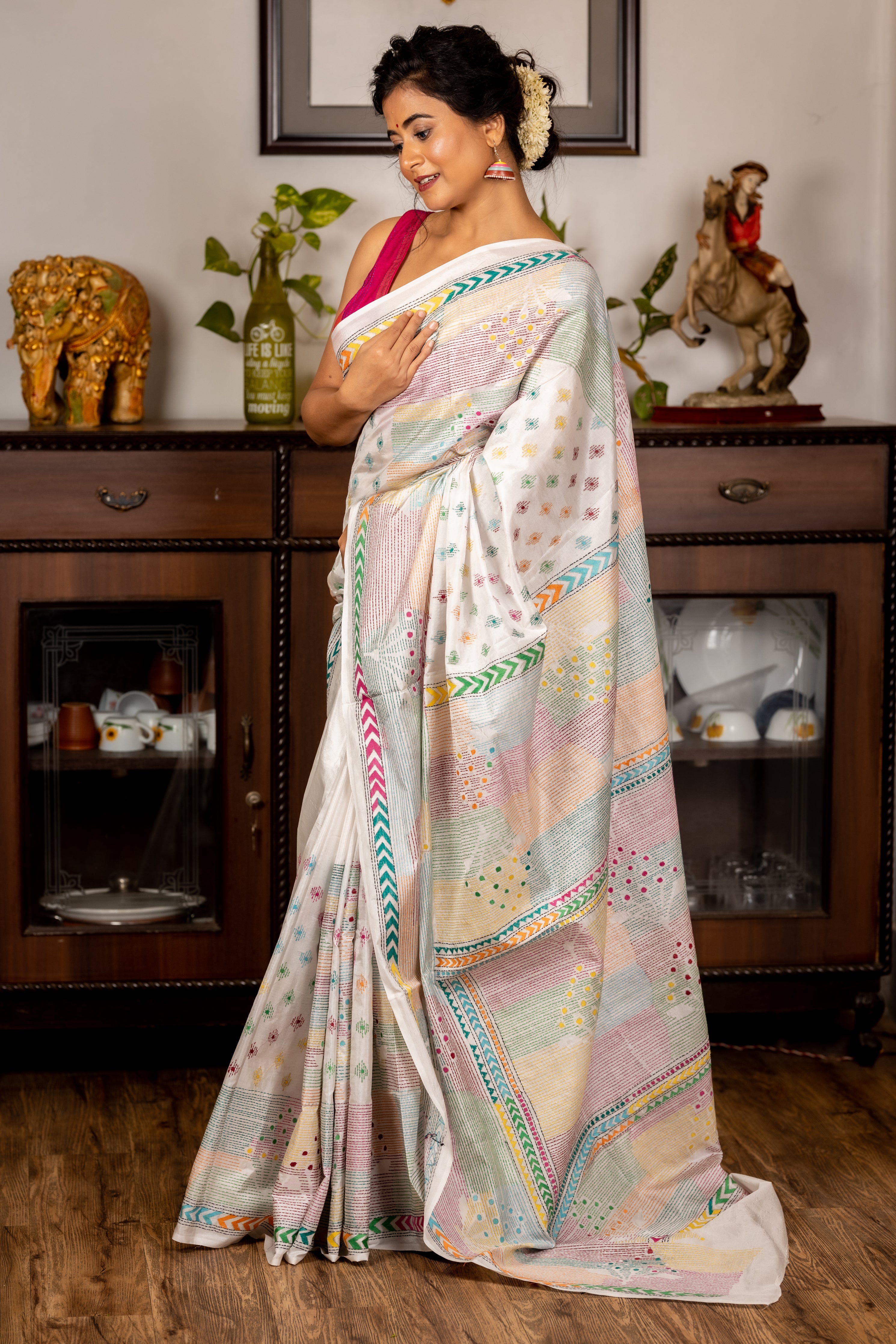 Kadambini || Milk White Blended Bangalore Silk Kantha Stitch Embroidery Saree with Multi-colour Abstract Buti & Stripe Blocks on Half body, Border & Pallu