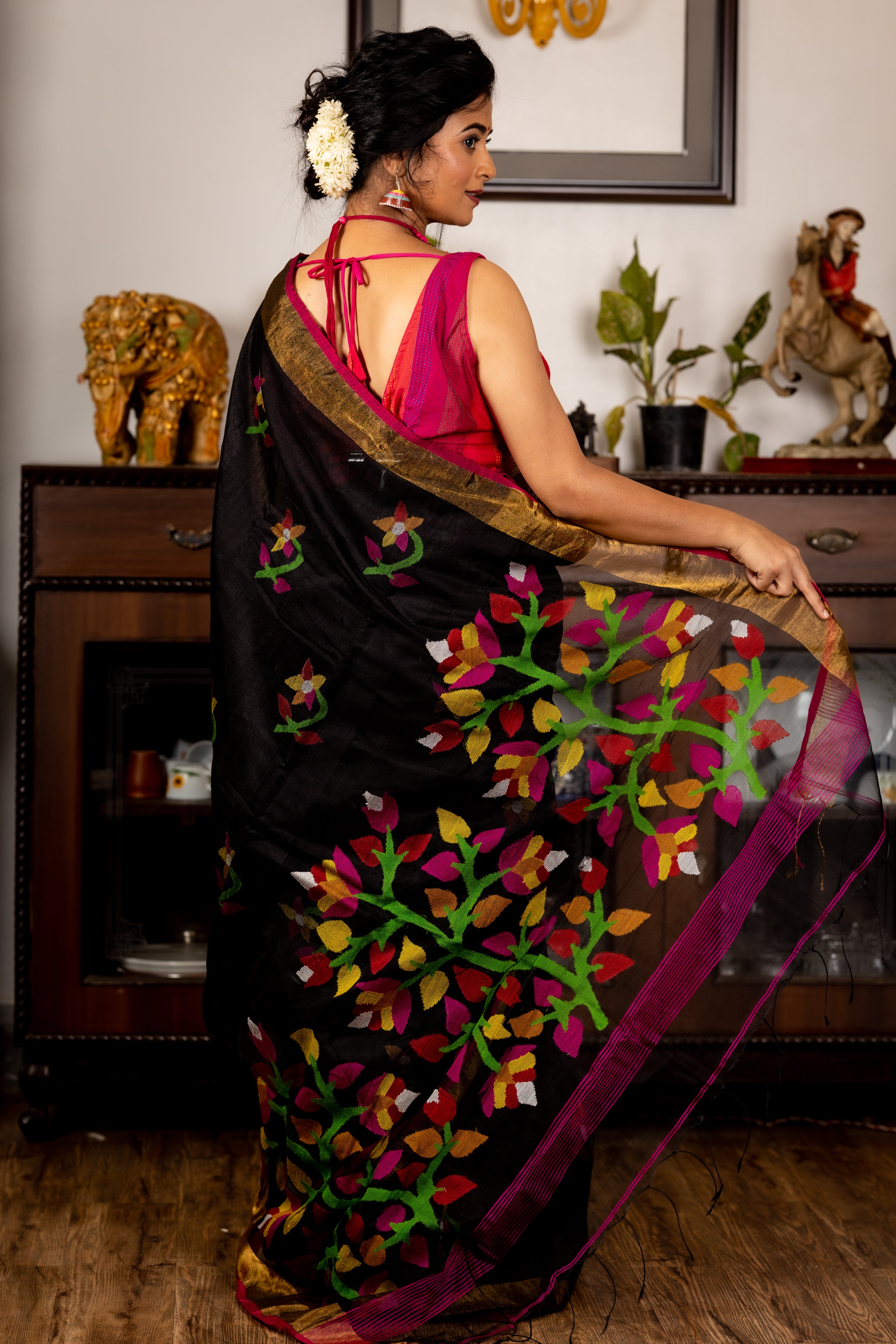 Madhumalati || Black Premium 'Matka-Muslin' Bengal Handloom Saree with all over Multi-colour Floral Jamdani Buta on Matka body & Muslin Pallu