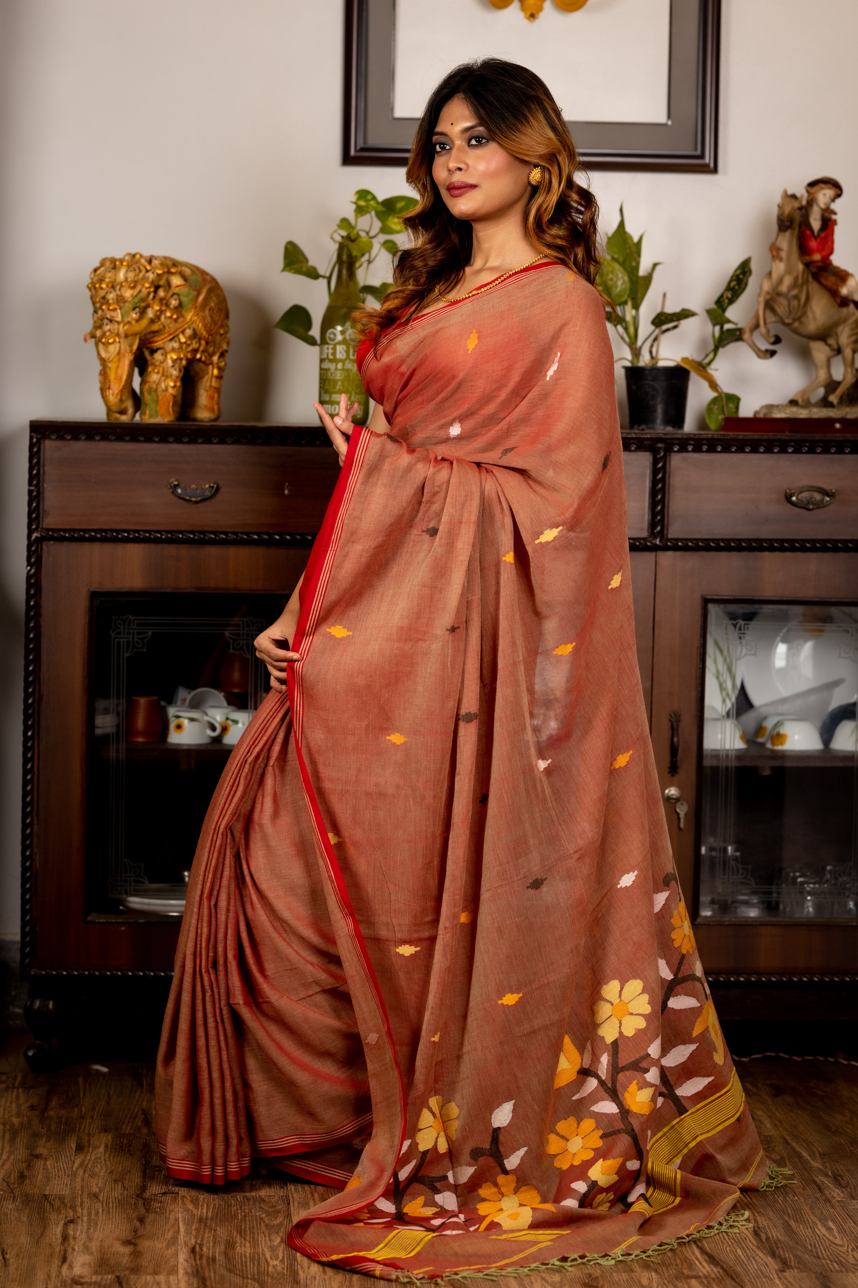 Rangamaati || Brick Red & Mint Green dual tone Cotton Bengal Handloom Saree with all over Multi-colour Jamdani Buta, Floral Jamdani 'Tantuja' Pallu and sleek Red Border