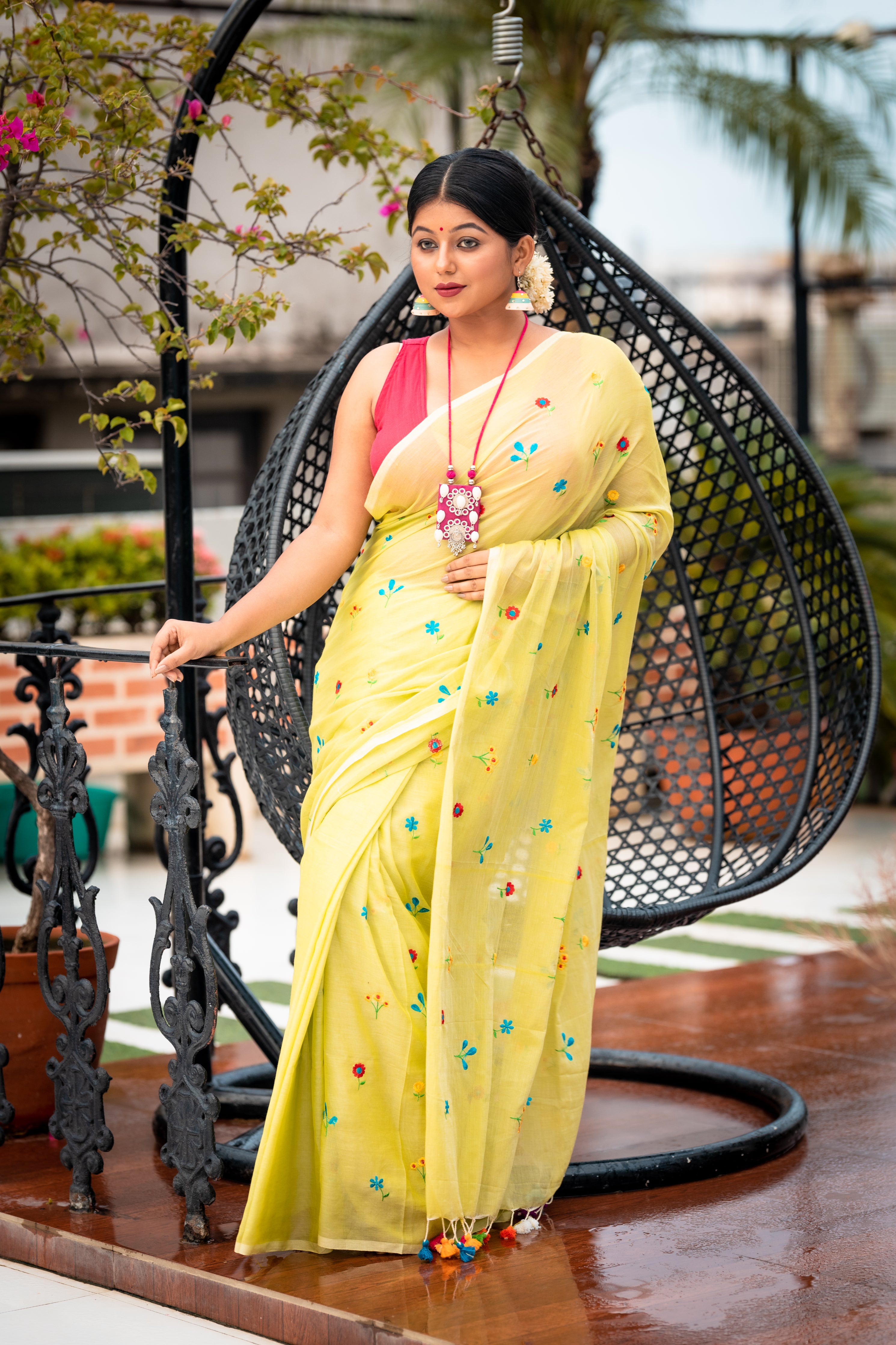 Poppins || Light Pista Green Mul Cotton Saree with all over Multi-colour Embroidered floral motifs