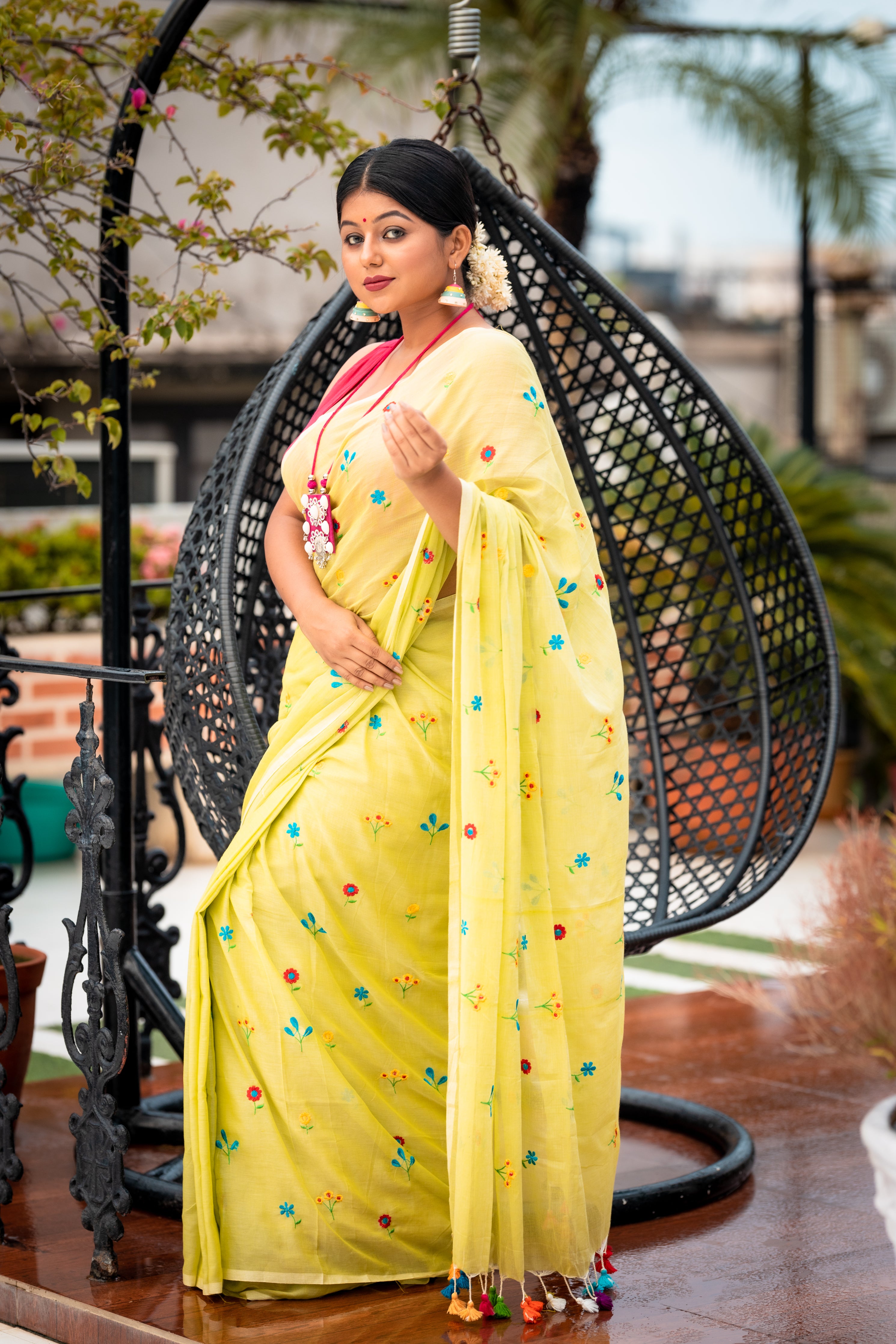 Poppins || Light Pista Green Mul Cotton Saree with all over Multi-colour Embroidered floral motifs