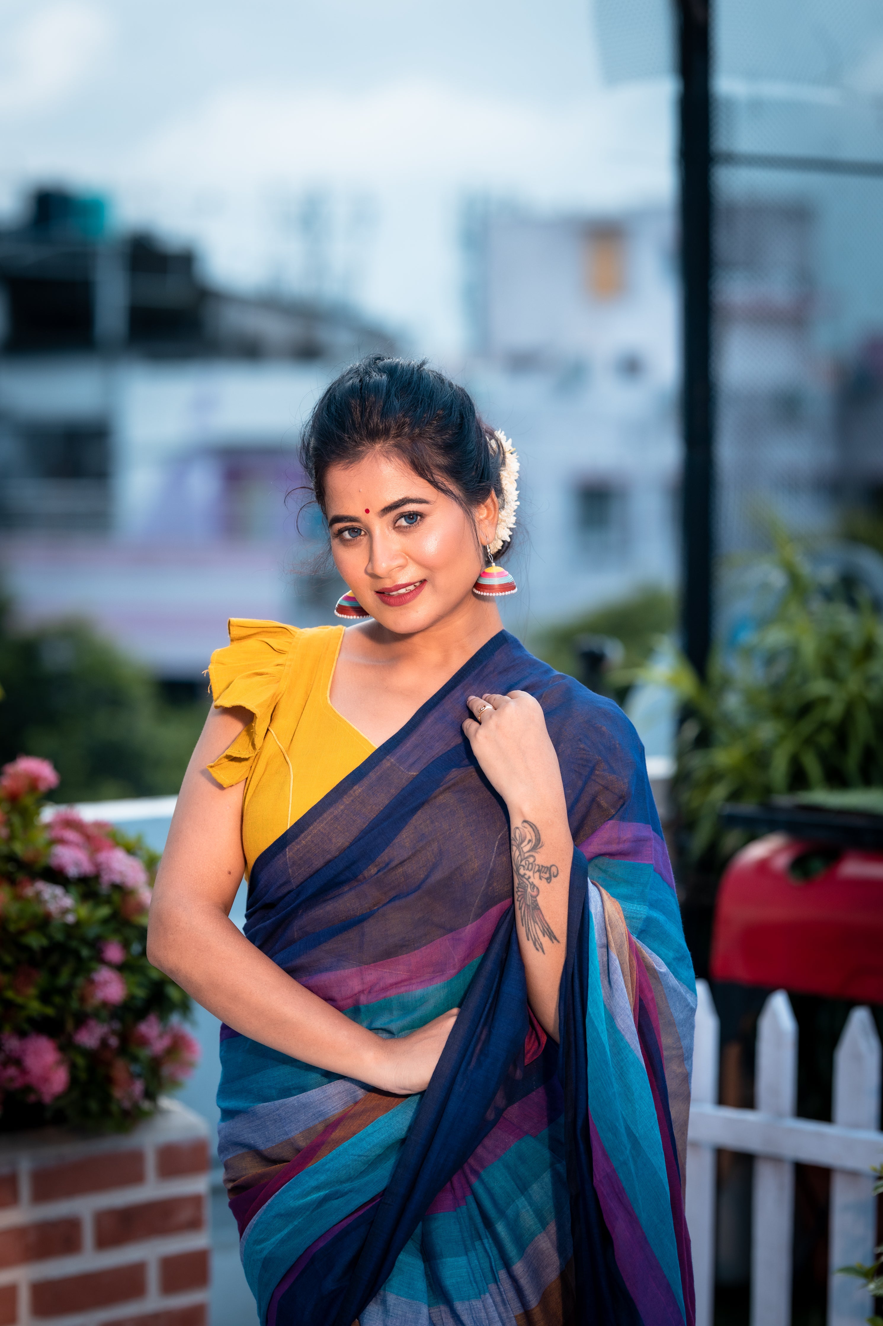 Colour Splash || Multi-colour Mul Cotton Saree with Half & Half Rainbow Checks and Block Stripes