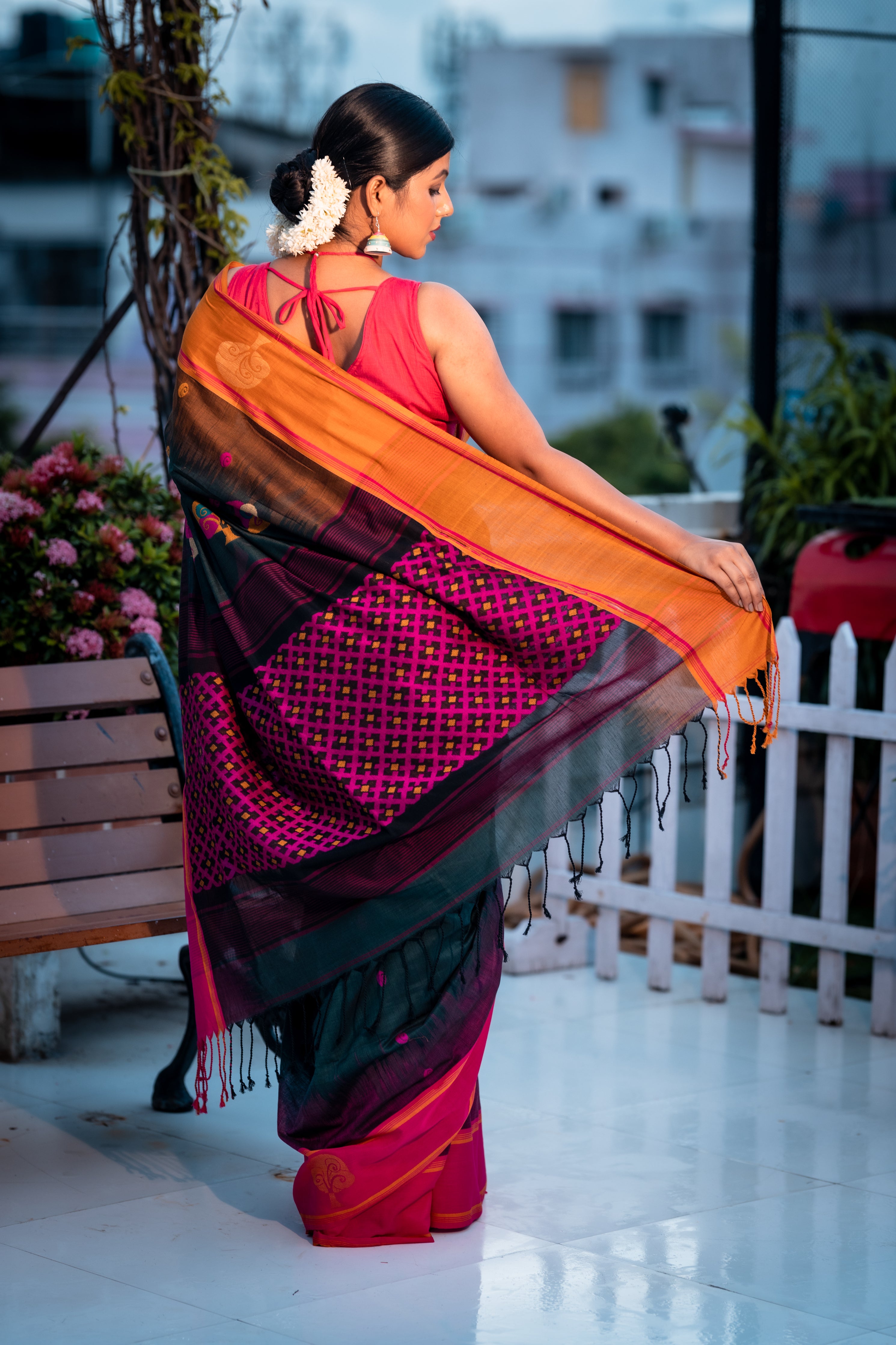 Pallabi || Bottle Green Cotton Bengal Handloom Saree with all over Multi-colour Buti, Mustard Yellow & Magenta Pink 'Ganga Jamuna' Border and Mesh with Traditional 'Tree' motif Pallu