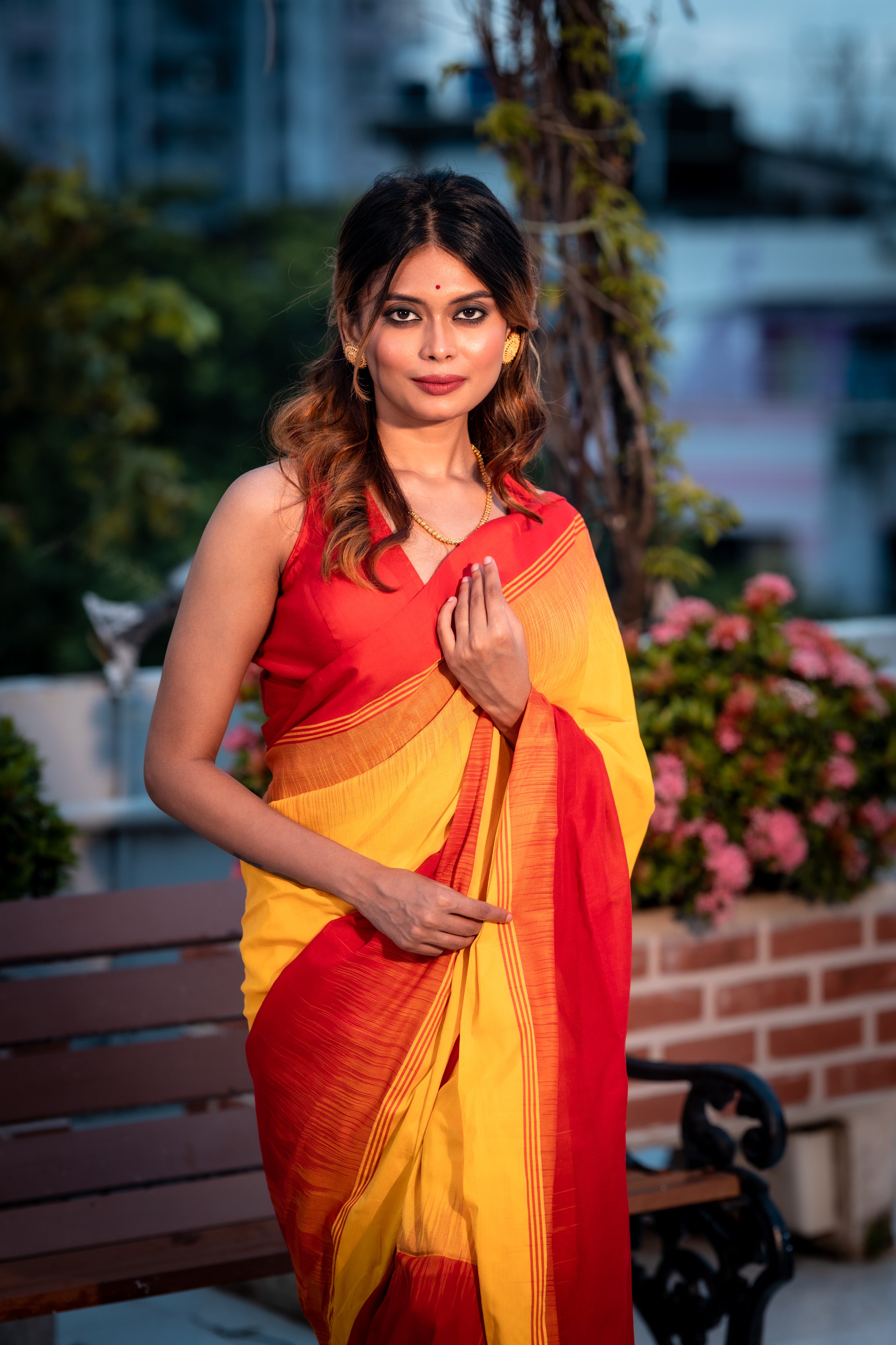 Suryamukhi || Turmeric Yellow Cotton Bengal Handloom half & half Saree with Red Cut-Shuttle Border and Copper Zari Stripe Pallu