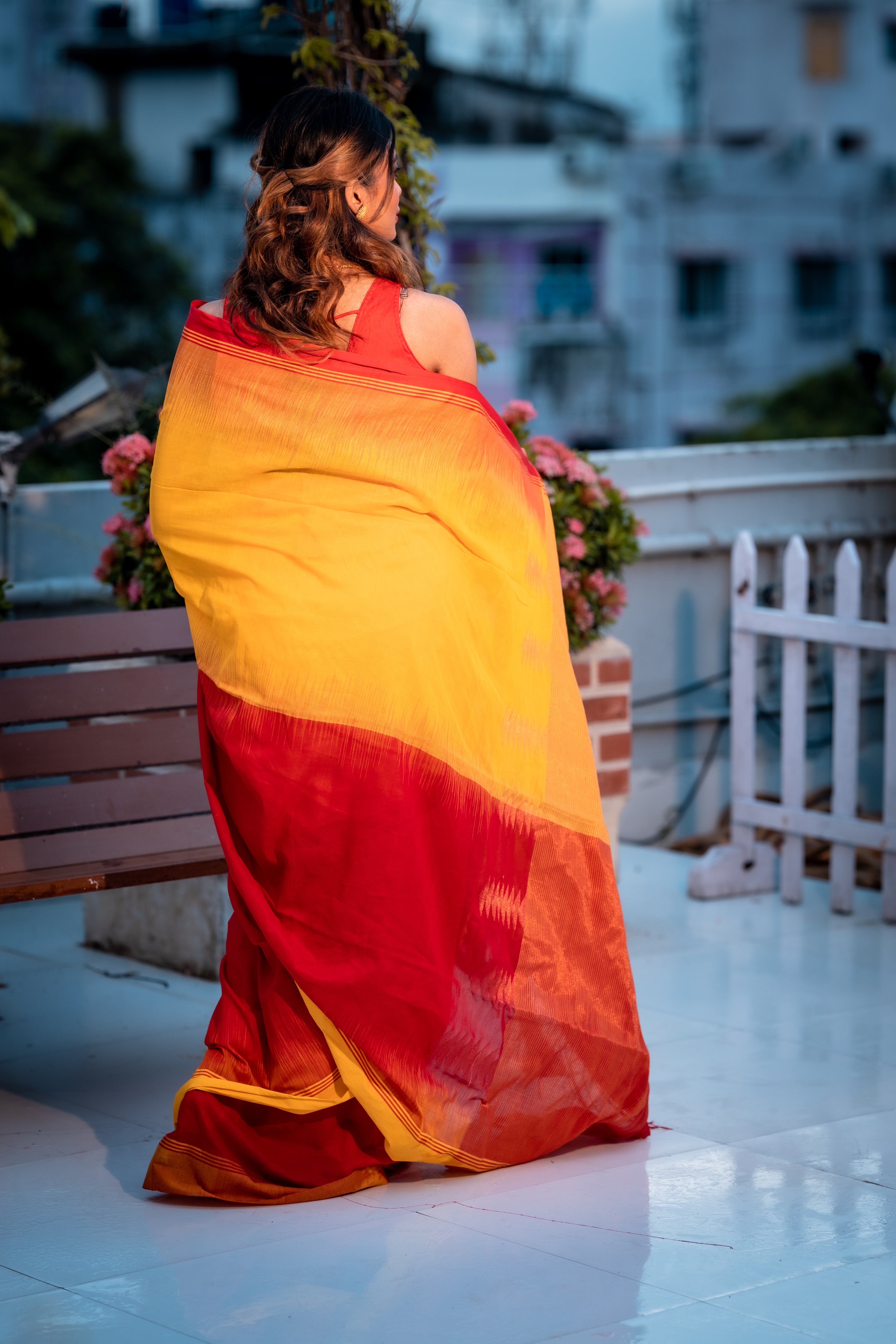 Suryamukhi || Turmeric Yellow Cotton Bengal Handloom half & half Saree with Red Cut-Shuttle Border and Copper Zari Stripe Pallu