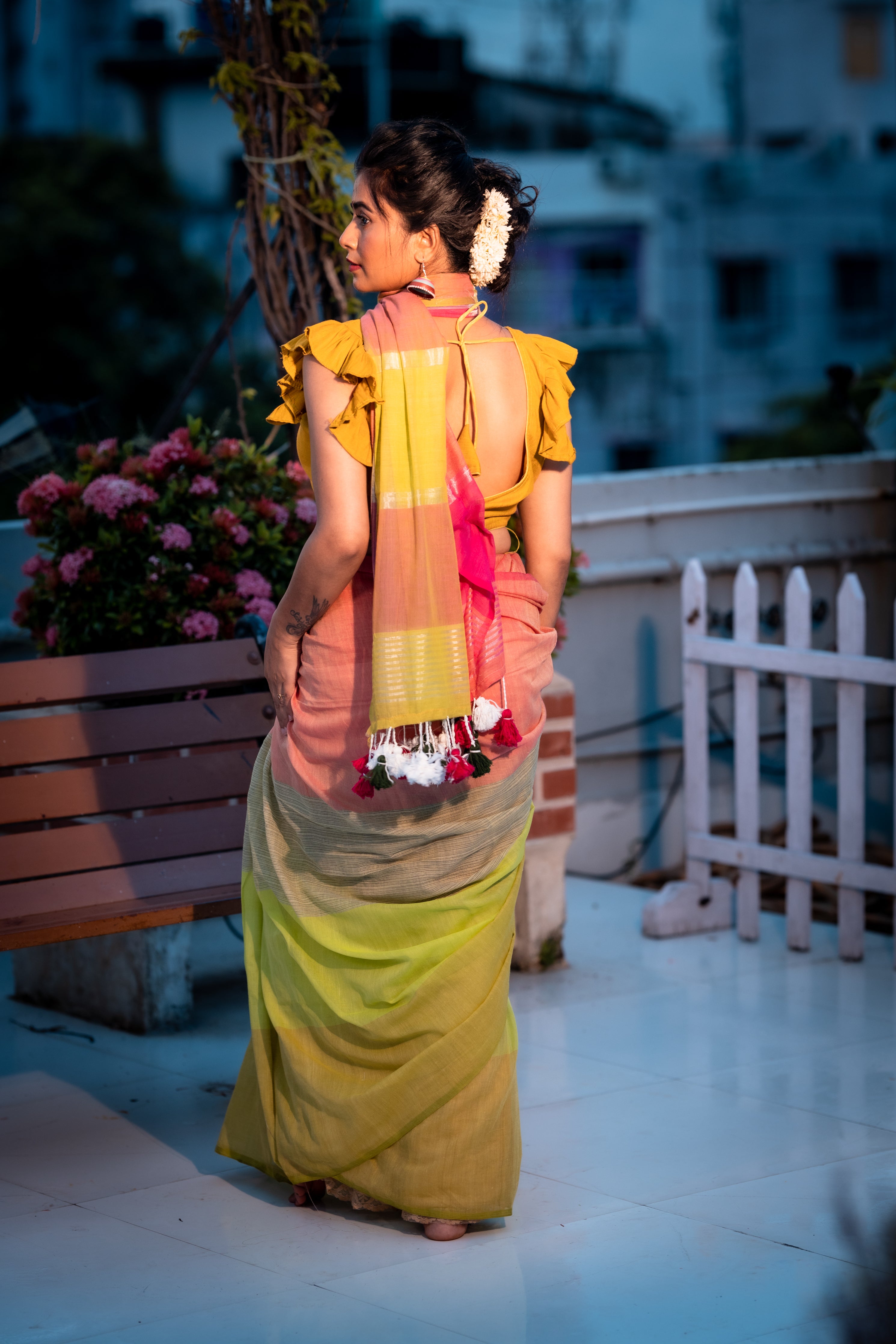 Colour Block || Multi-colour Mul Cotton Saree with all over 4D block Stripes & Silver Zari highlights Pallu