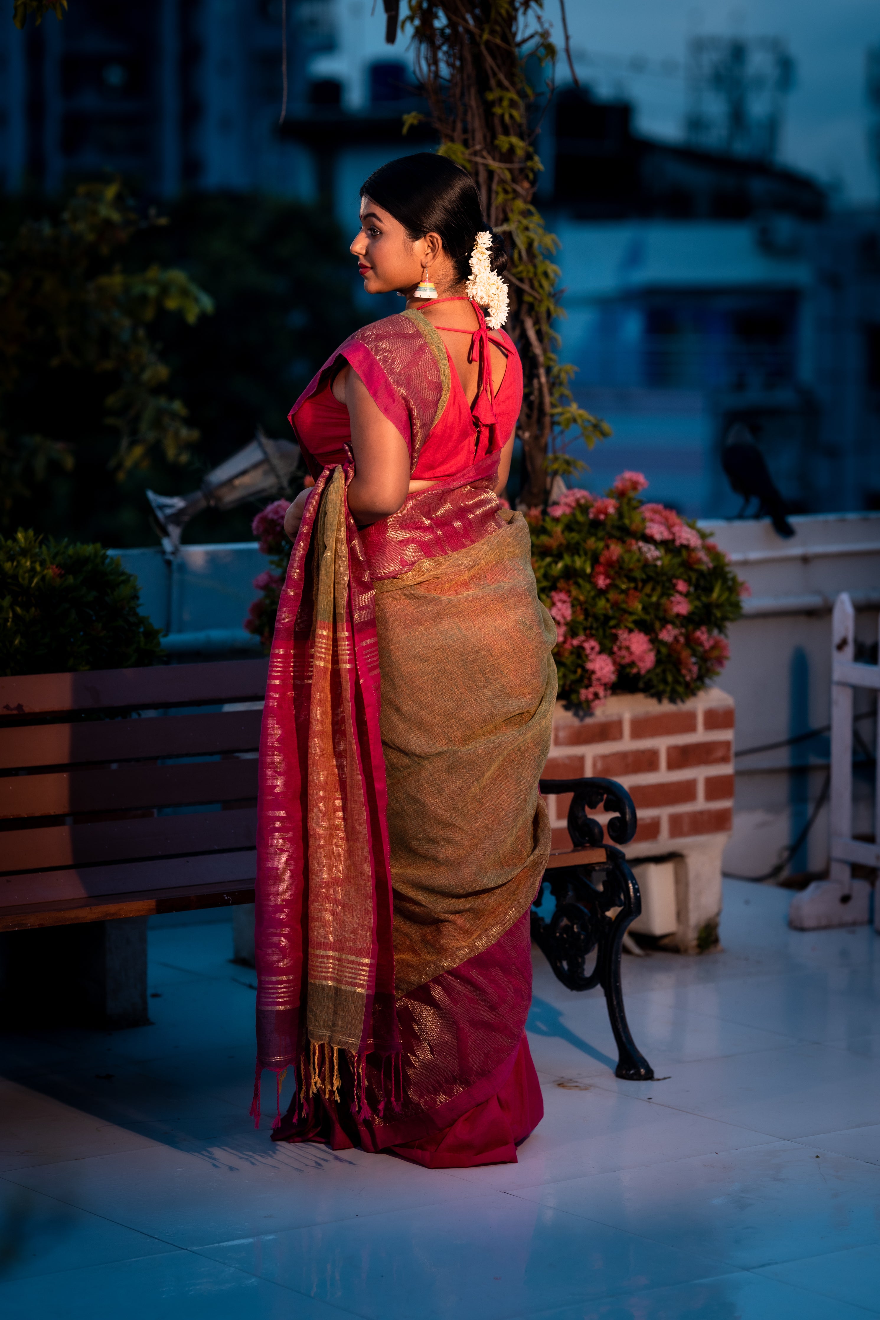 Abani || Olive Green & Mango Yellow dual tone Linen Bengal Handloom Saree with Plain Body, Magenta 'Mahapadh' & Golden Zari Ikkat Border and Contrast Pallu