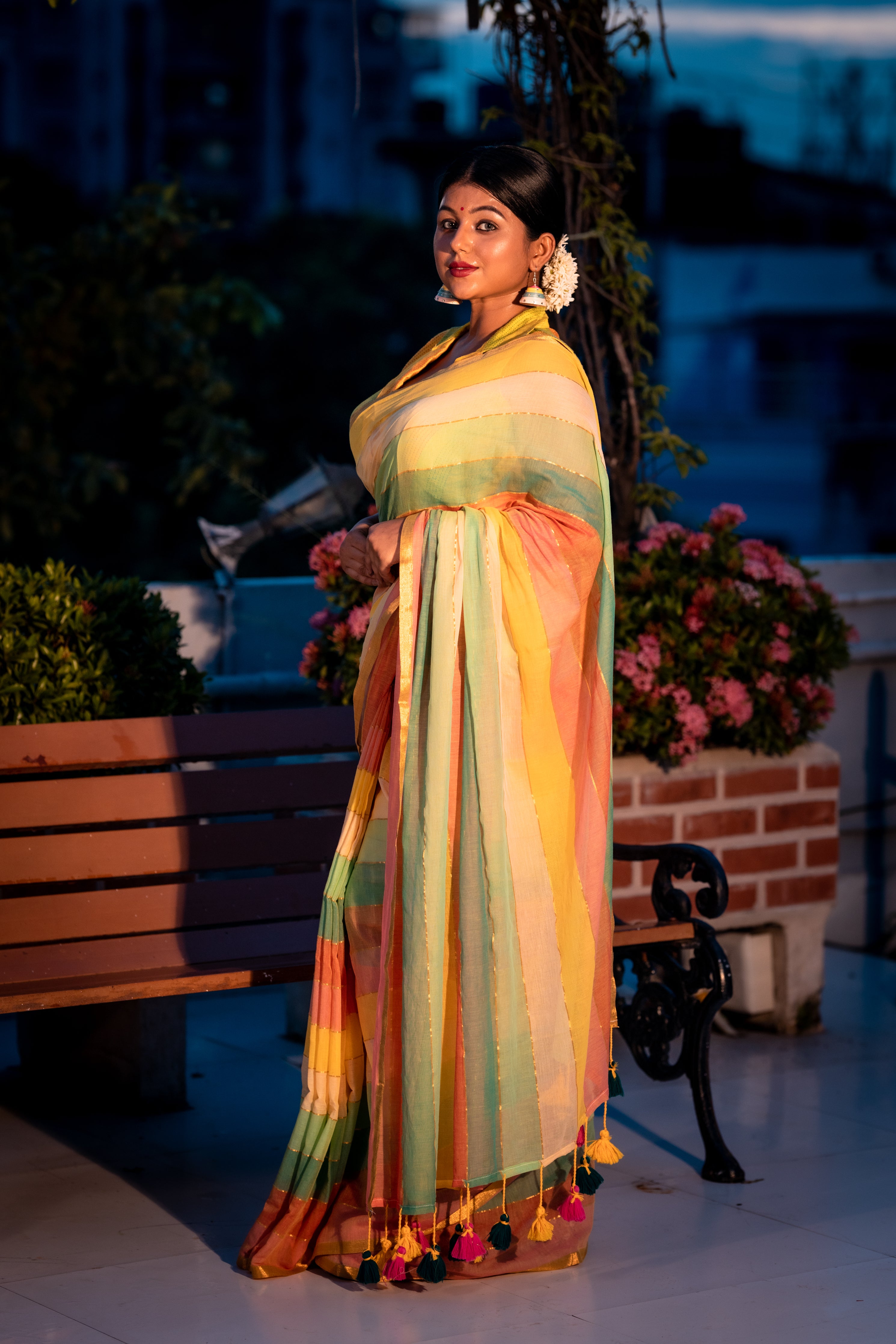 Cotton Candy || Multi-colour Mul Cotton Saree with all over 6D Hexa block Stripes & Golden Zari highlights