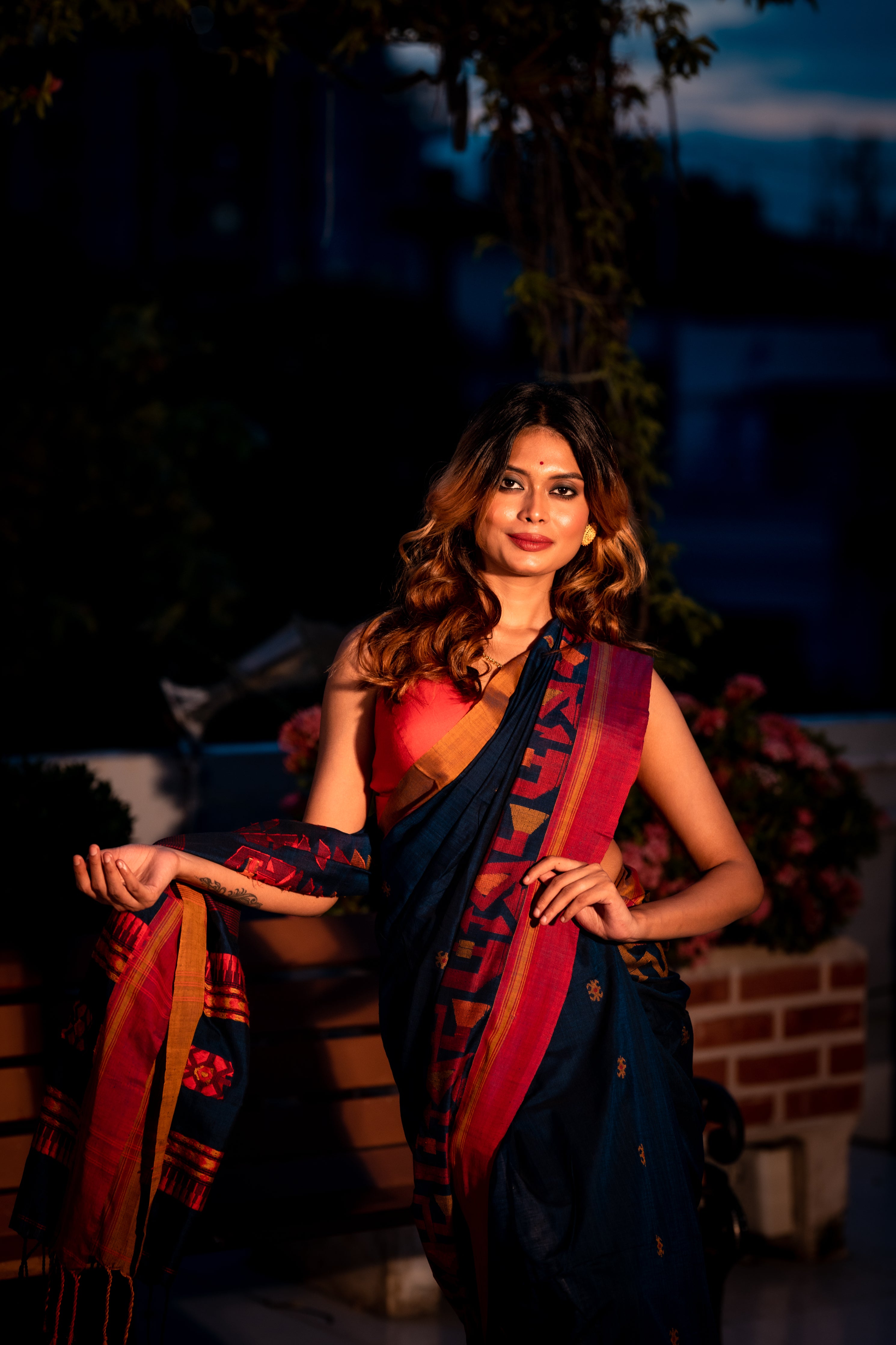 Ranjini || Navy Blue Cotton Bengal Handloom Saree with all over Multi-colour Buti, Mustard Yellow & Red 'Ganga Jamuna' Border and Traditional design Pallu