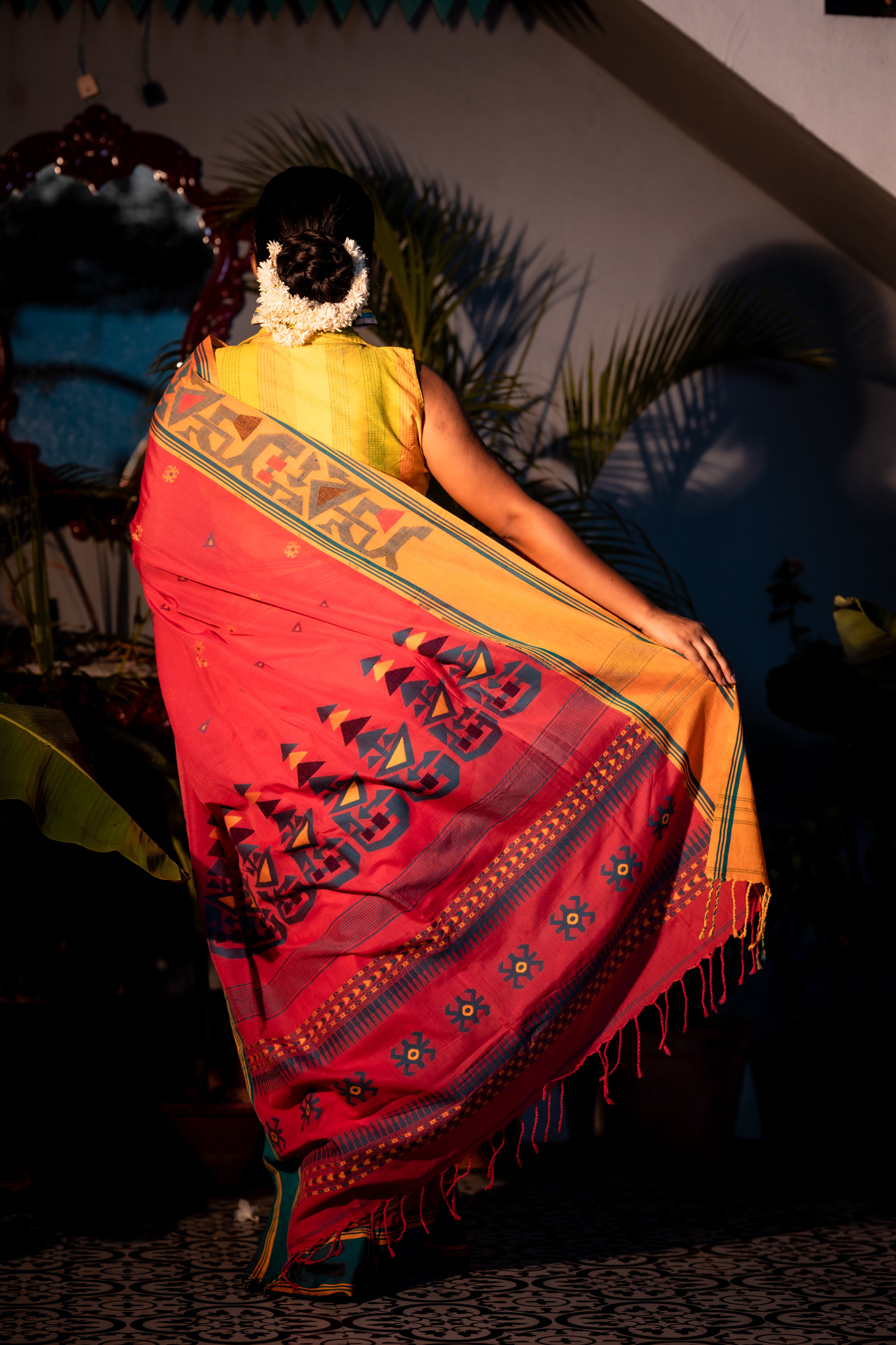 Godhuli || Raspberry Pink Cotton Bengal Handloom Saree with all over Multi-colour Buti, Mustard Yellow & Green 'Ganga Jamuna' Border and Traditional design Pallu
