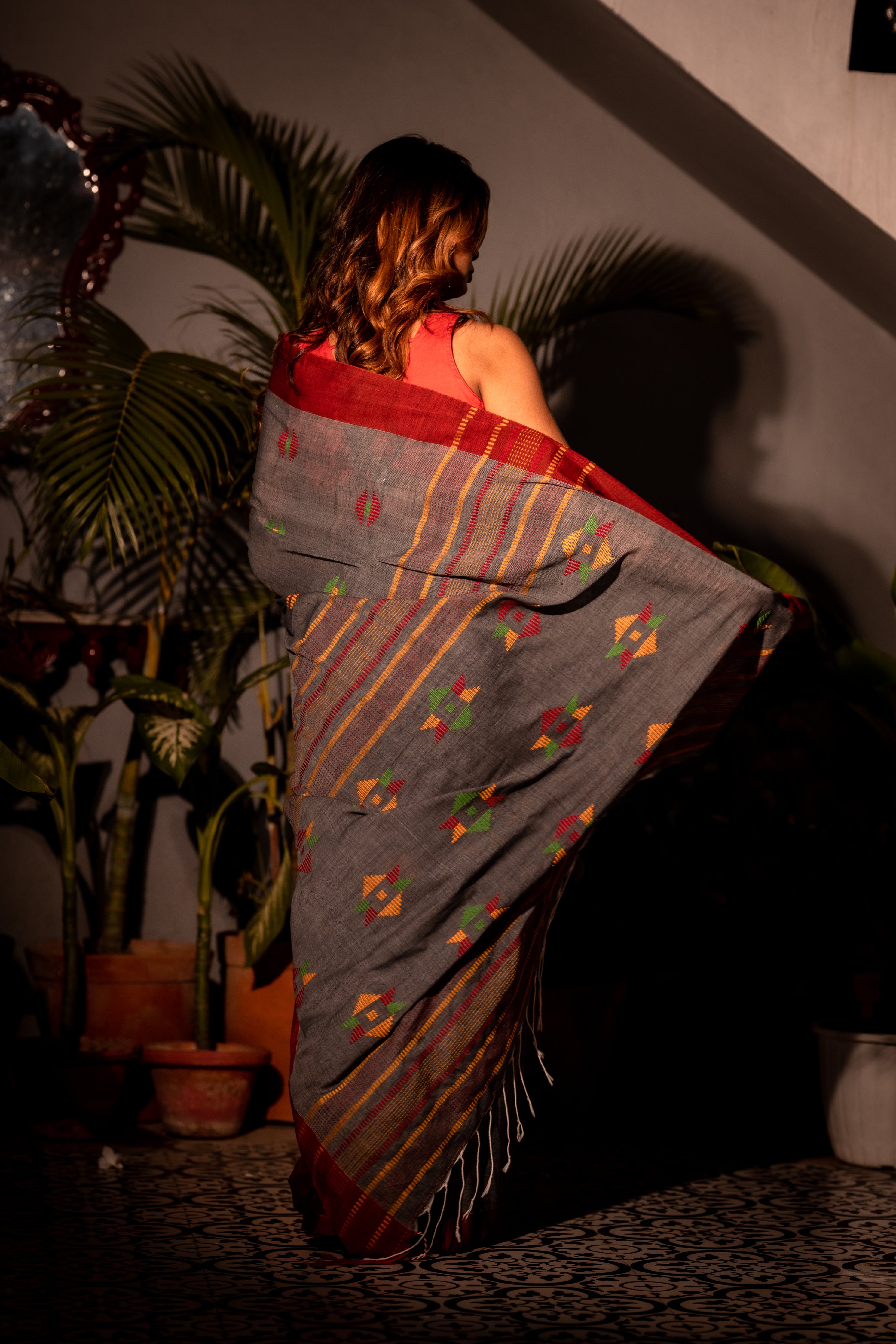 Meghali || Dark Grey Cotton Bengal Handloom Saree with all over Multi-colour 'Kantha' Buta and Stripe Pallu