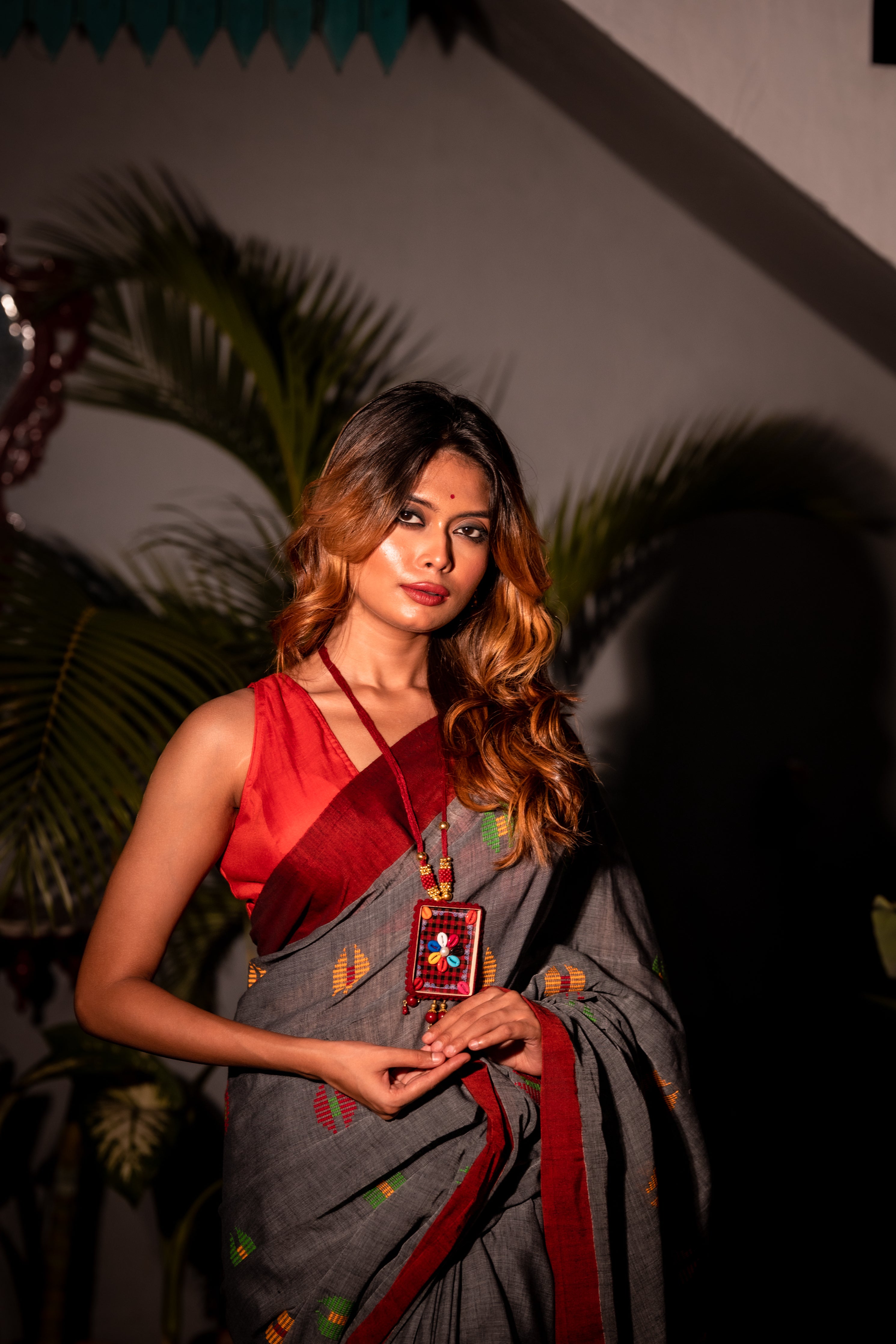 Meghali || Dark Grey Cotton Bengal Handloom Saree with all over Multi-colour 'Kantha' Buta and Stripe Pallu